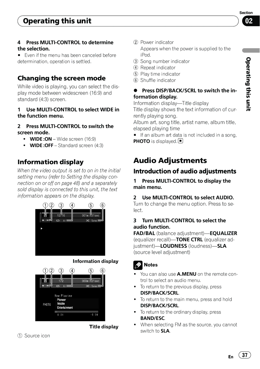 Pioneer DVH-P4100UB Audio Adjustments, Changing the screen mode, Information display, Introduction of audio adjustments 