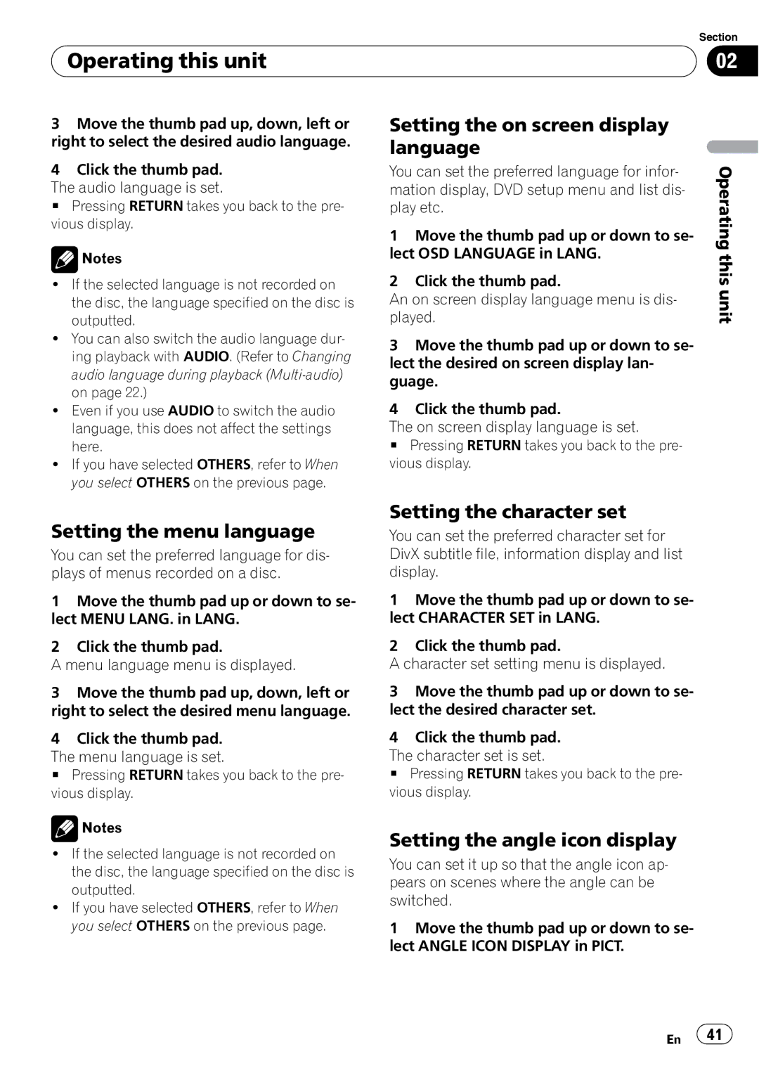 Pioneer DVH-P4100UB Setting the on screen display language, Setting the menu language, Setting the character set 