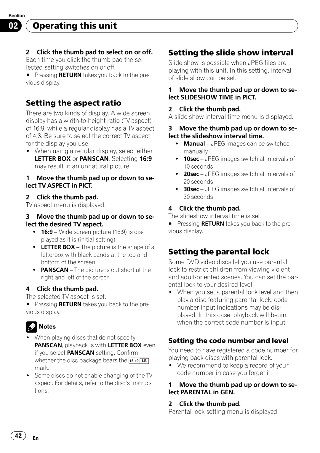 Pioneer DVH-P4100UB operation manual Setting the aspect ratio, Setting the slide show interval, Setting the parental lock 