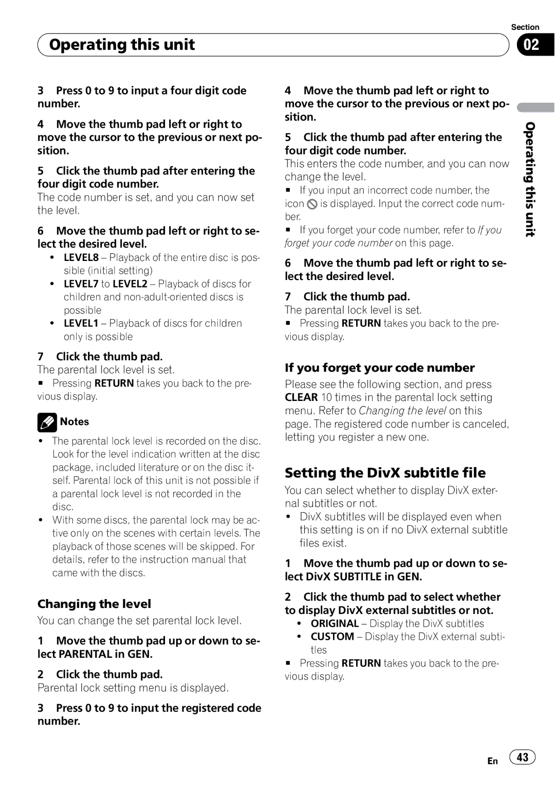 Pioneer DVH-P4100UB operation manual Setting the DivX subtitle file, Changing the level, If you forget your code number 