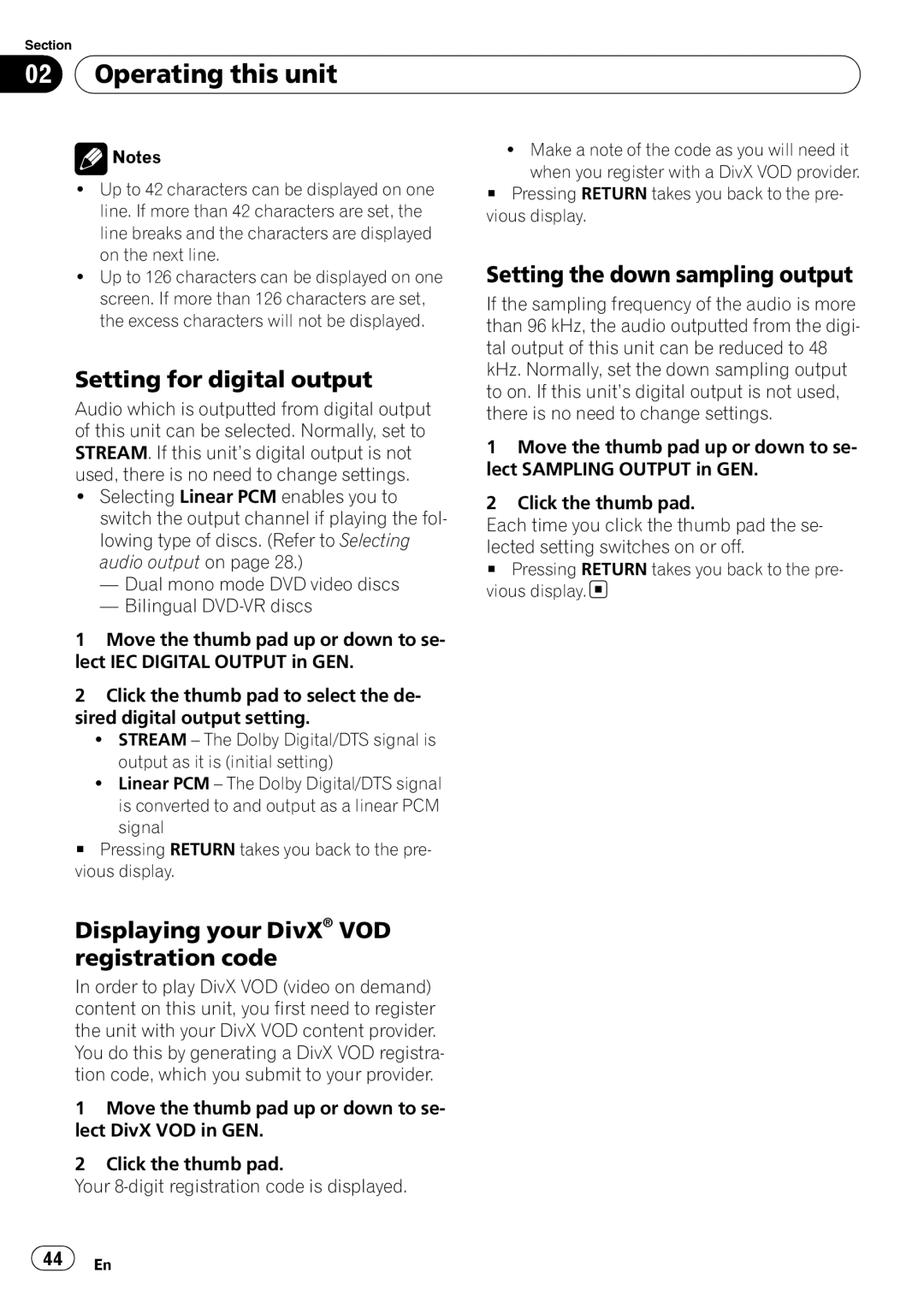 Pioneer DVH-P4100UB operation manual Setting for digital output, Setting the down sampling output 