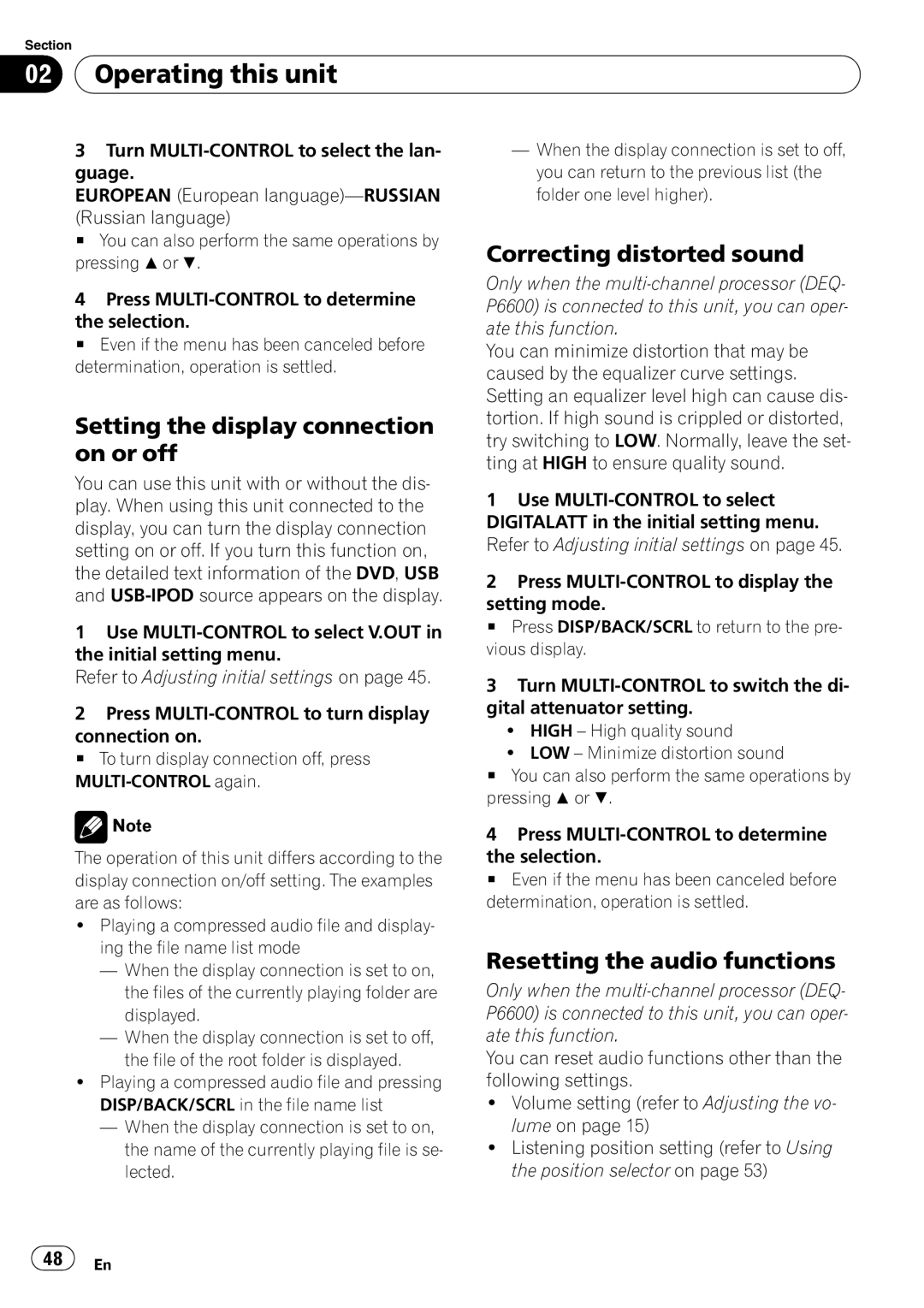 Pioneer DVH-P4100UB Setting the display connection on or off, Correcting distorted sound, Resetting the audio functions 