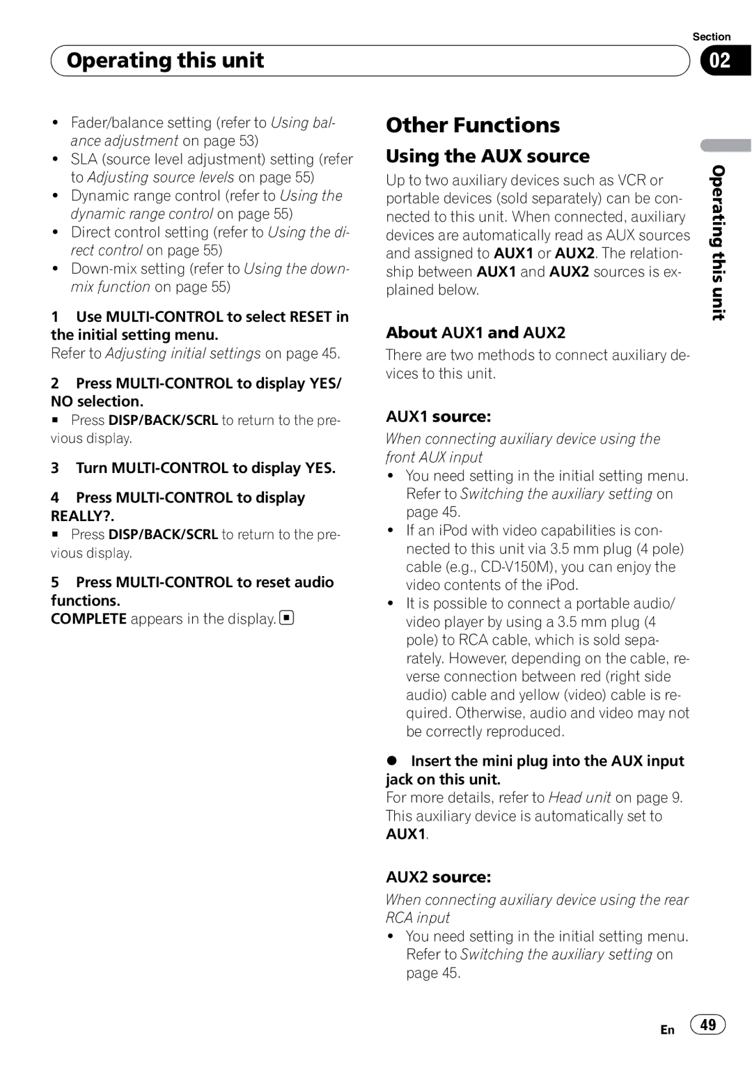 Pioneer DVH-P4100UB operation manual Other Functions, Using the AUX source, About AUX1 and AUX2, AUX1 source, AUX2 source 