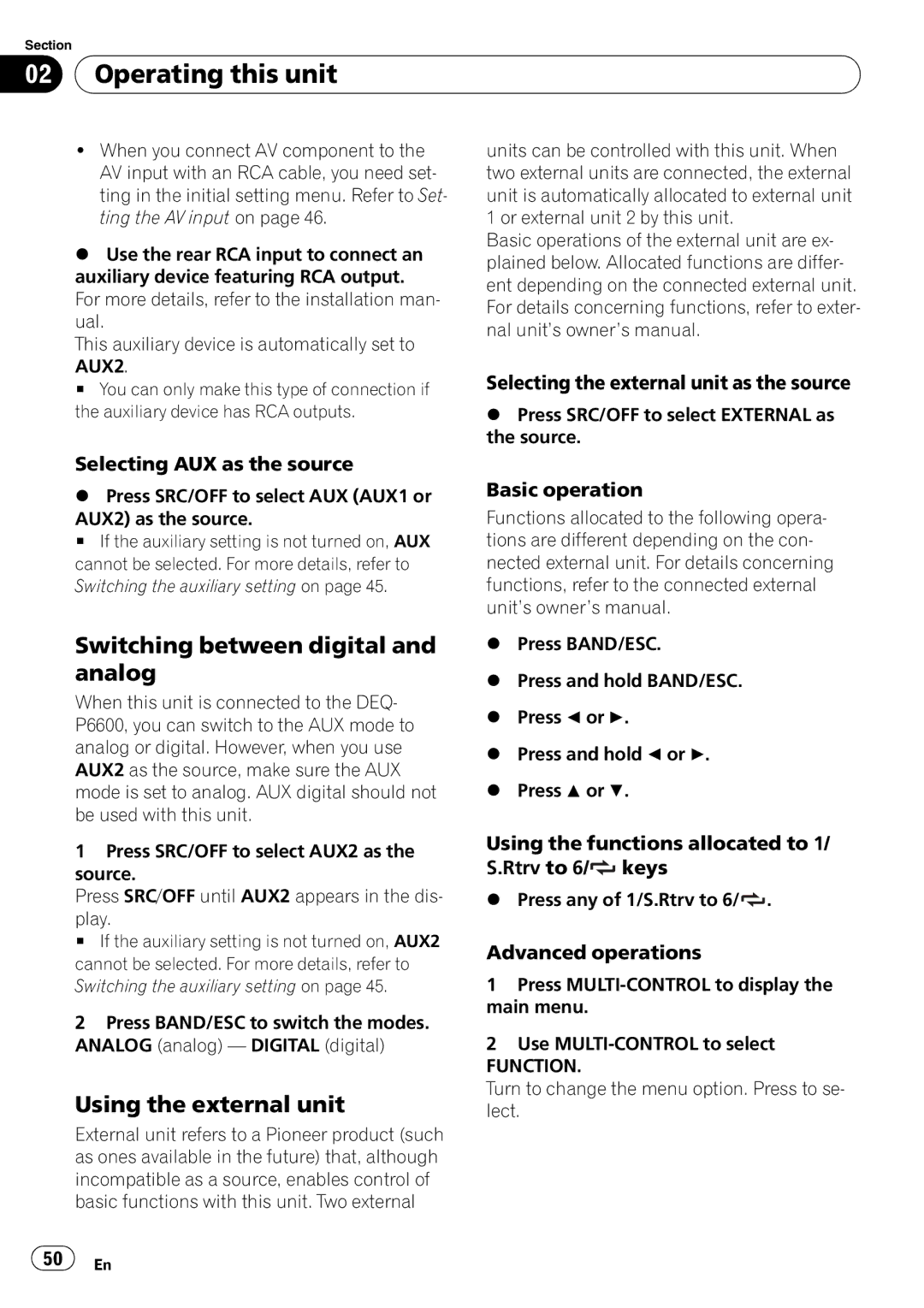 Pioneer DVH-P4100UB operation manual Switching between digital and analog, Using the external unit 