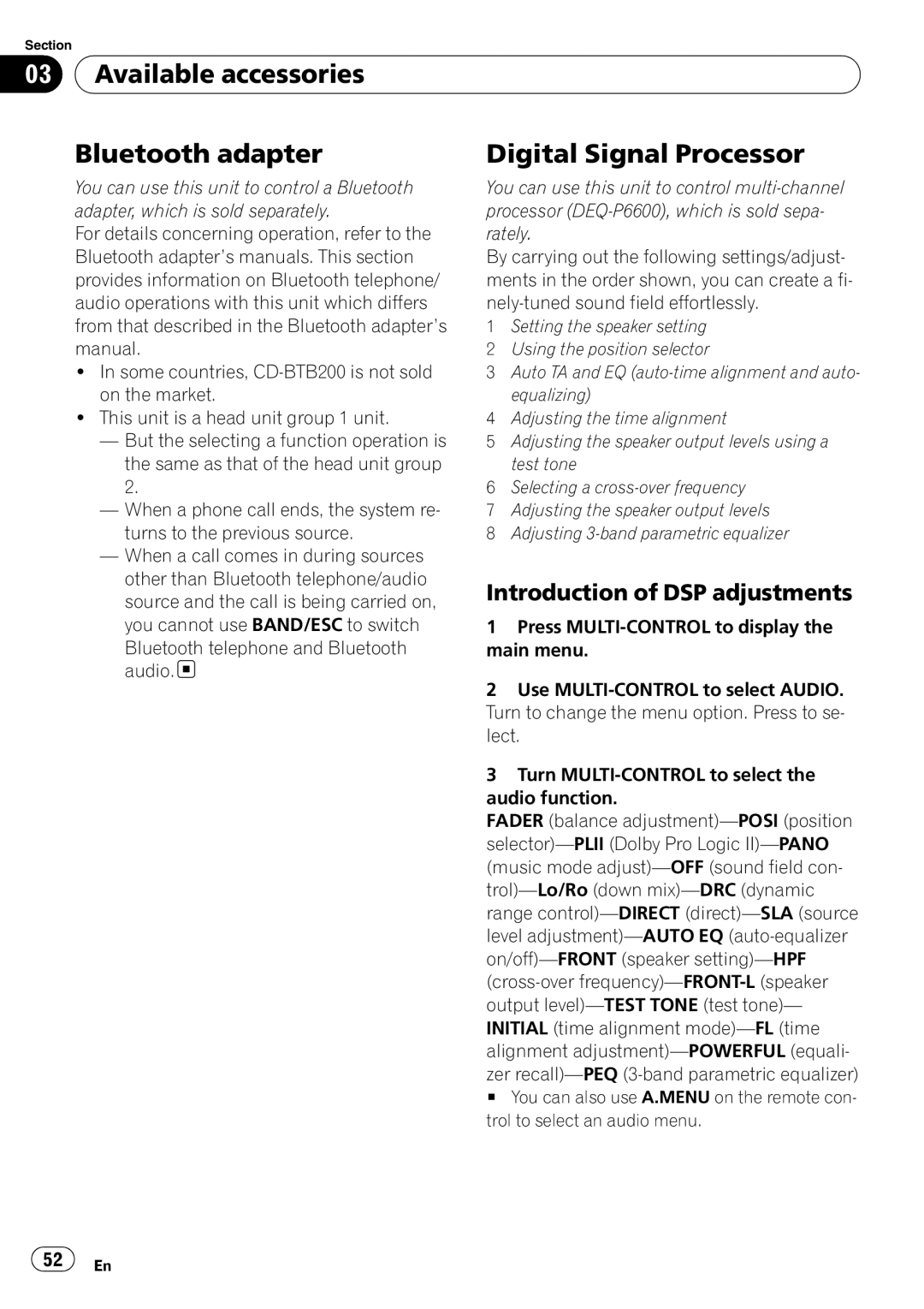 Pioneer DVH-P4100UB operation manual Introduction of DSP adjustments 