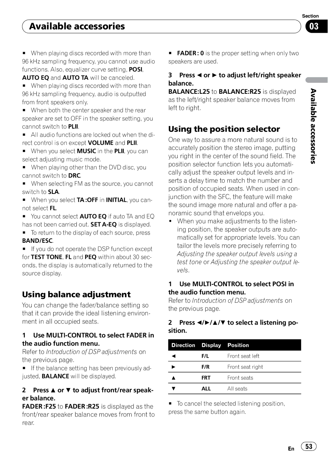 Pioneer DVH-P4100UB operation manual Available accessories, Using the position selector 