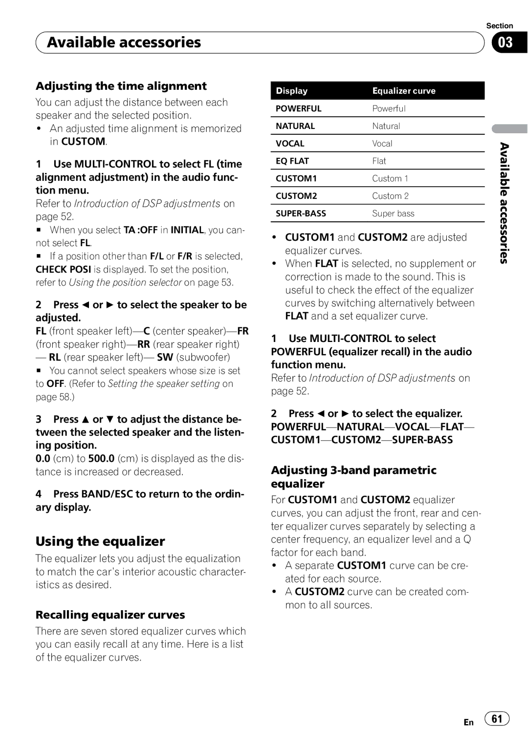 Pioneer DVH-P4100UB operation manual Adjusting the time alignment, Adjusting 3-band parametric equalizer 