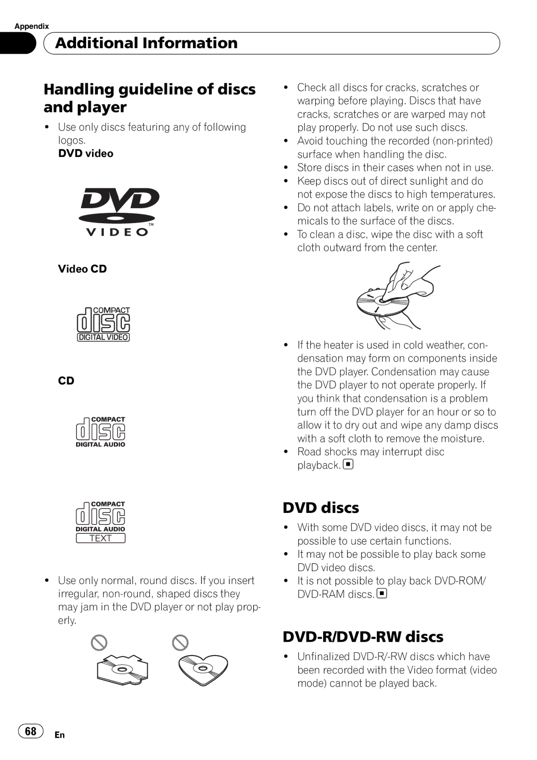 Pioneer DVH-P4100UB Additional Information Handling guideline of discs, Player, DVD discs, DVD-R/DVD-RW discs 