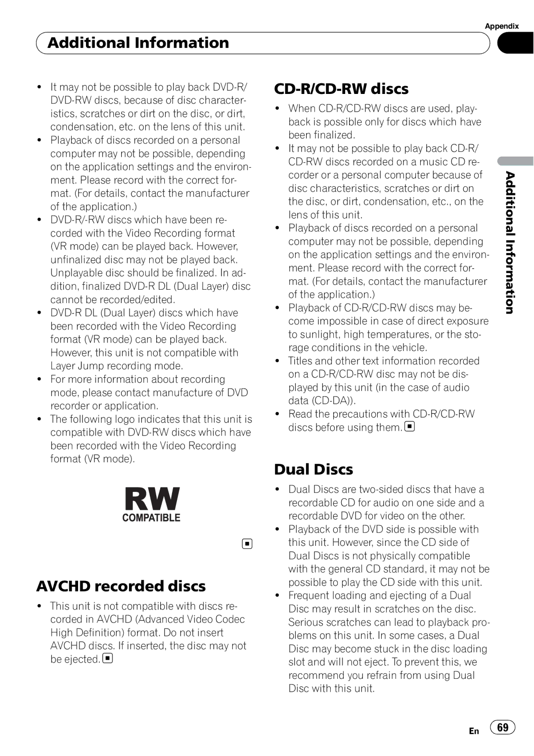 Pioneer DVH-P4100UB operation manual Avchd recorded discs, CD-R/CD-RW discs, Dual Discs 