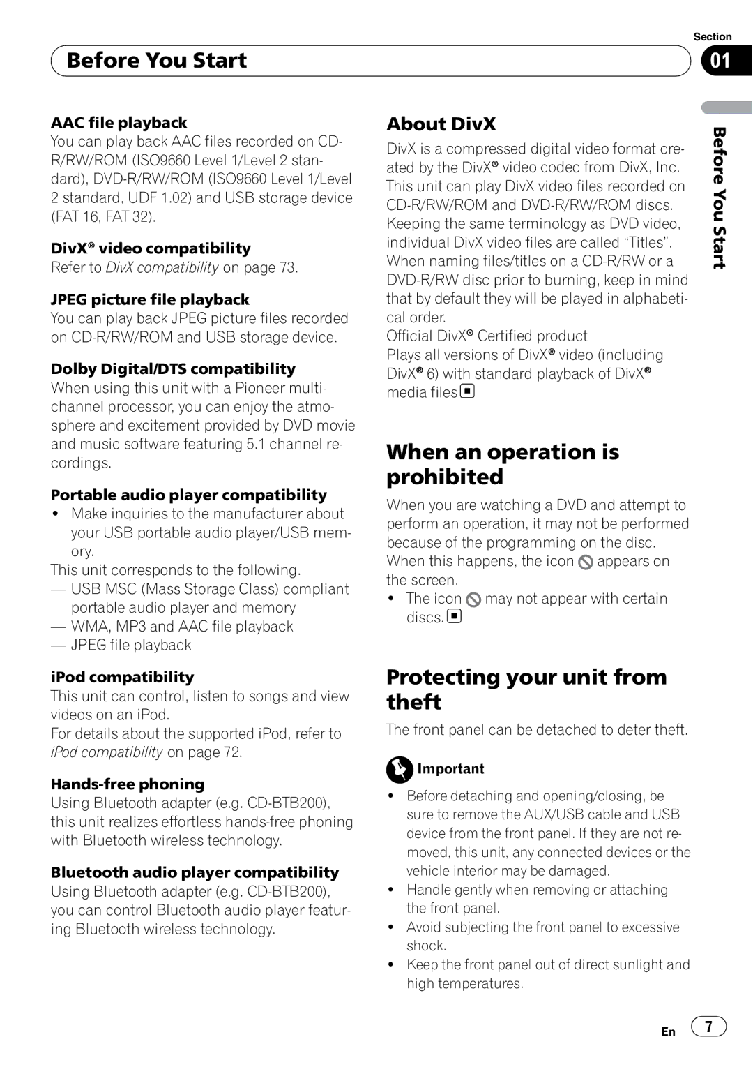 Pioneer DVH-P4100UB operation manual When an operation is prohibited, Protecting your unit from theft, About DivX 