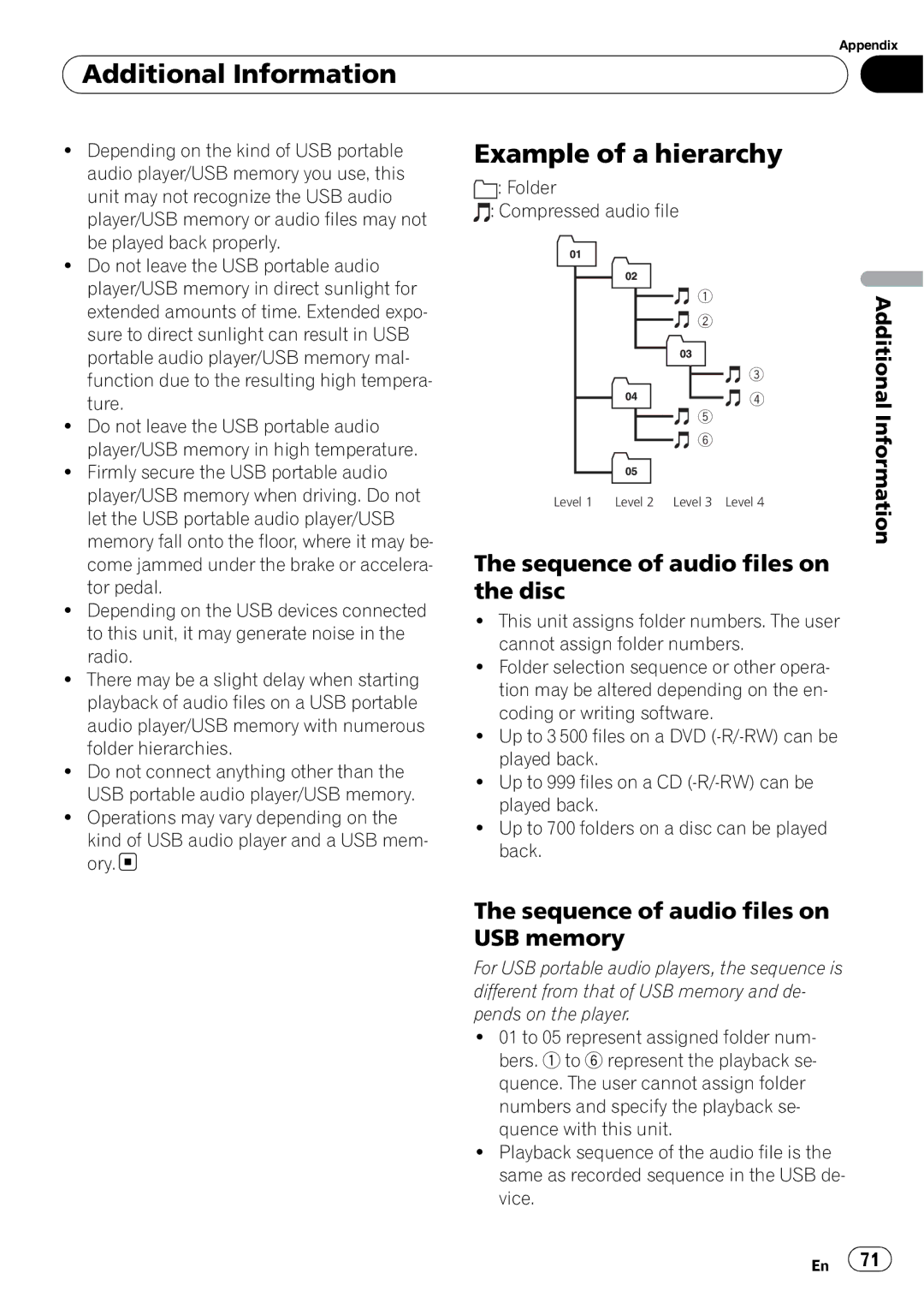 Pioneer DVH-P4100UB Example of a hierarchy, Sequence of audio files on the disc, Sequence of audio files on USB memory 