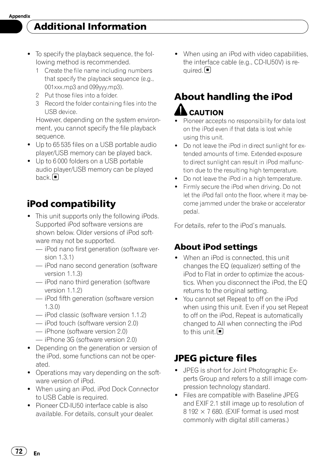 Pioneer DVH-P4100UB operation manual IPod compatibility, About handling the iPod, Jpeg picture files, About iPod settings 