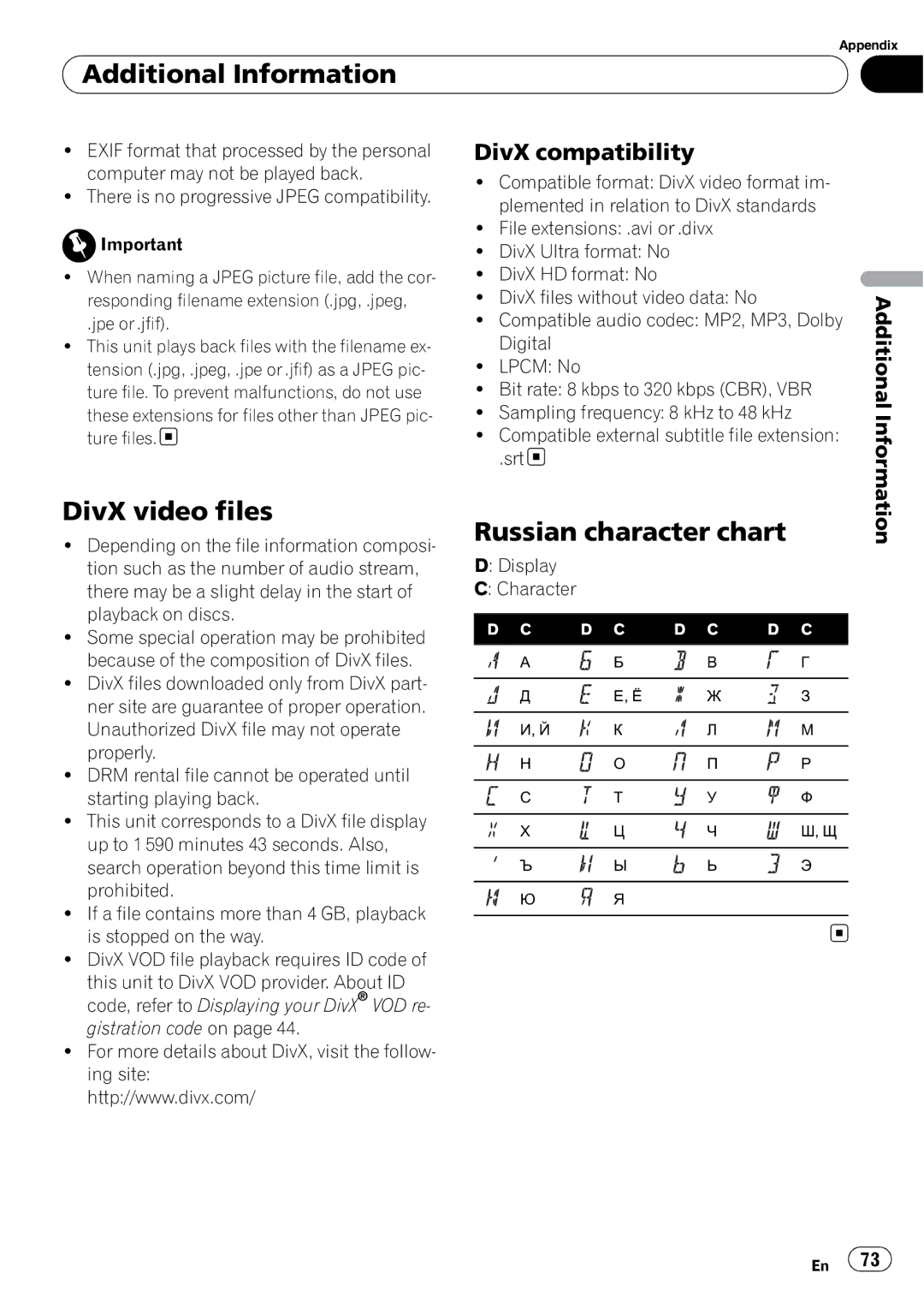 Pioneer DVH-P4100UB operation manual DivX video files, Russian character chart, DivX compatibility 