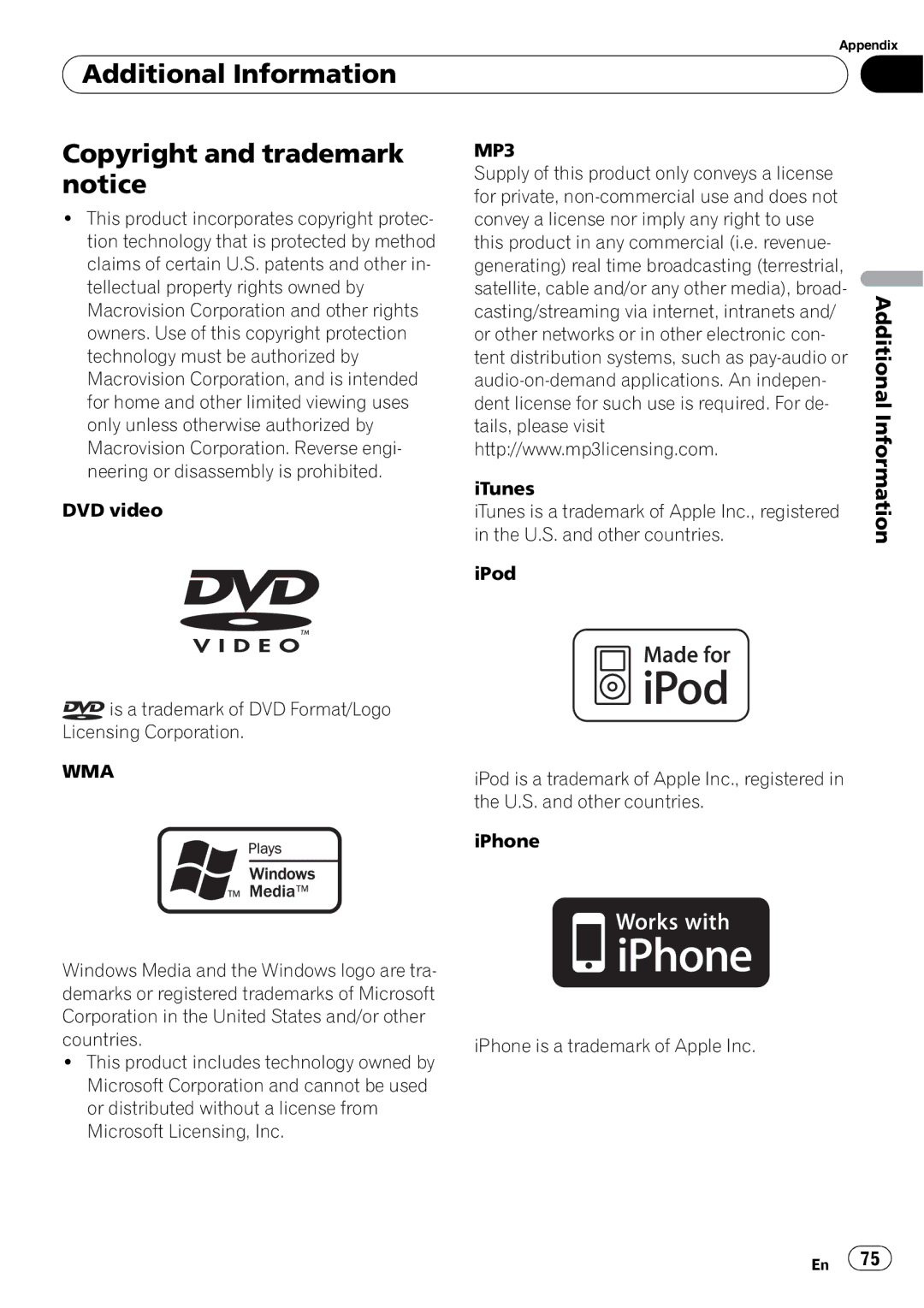 Pioneer DVH-P4100UB operation manual Additional Information Copyright and trademark notice, Wma 