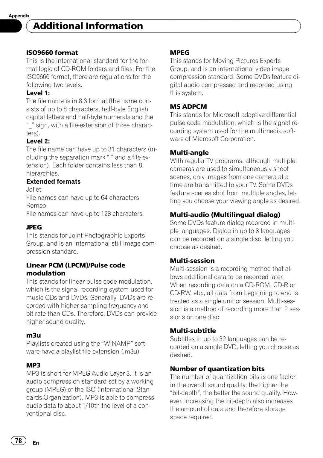 Pioneer DVH-P4100UB operation manual Jpeg, Mpeg, MS Adpcm 