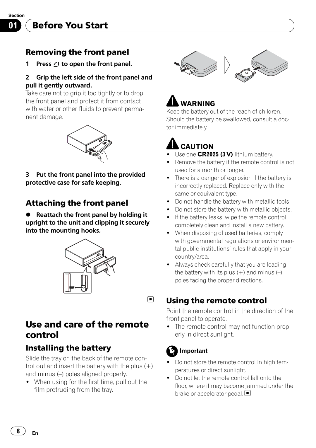 Pioneer DVH-P4100UB Use and care of the remote control, Removing the front panel, Attaching the front panel 