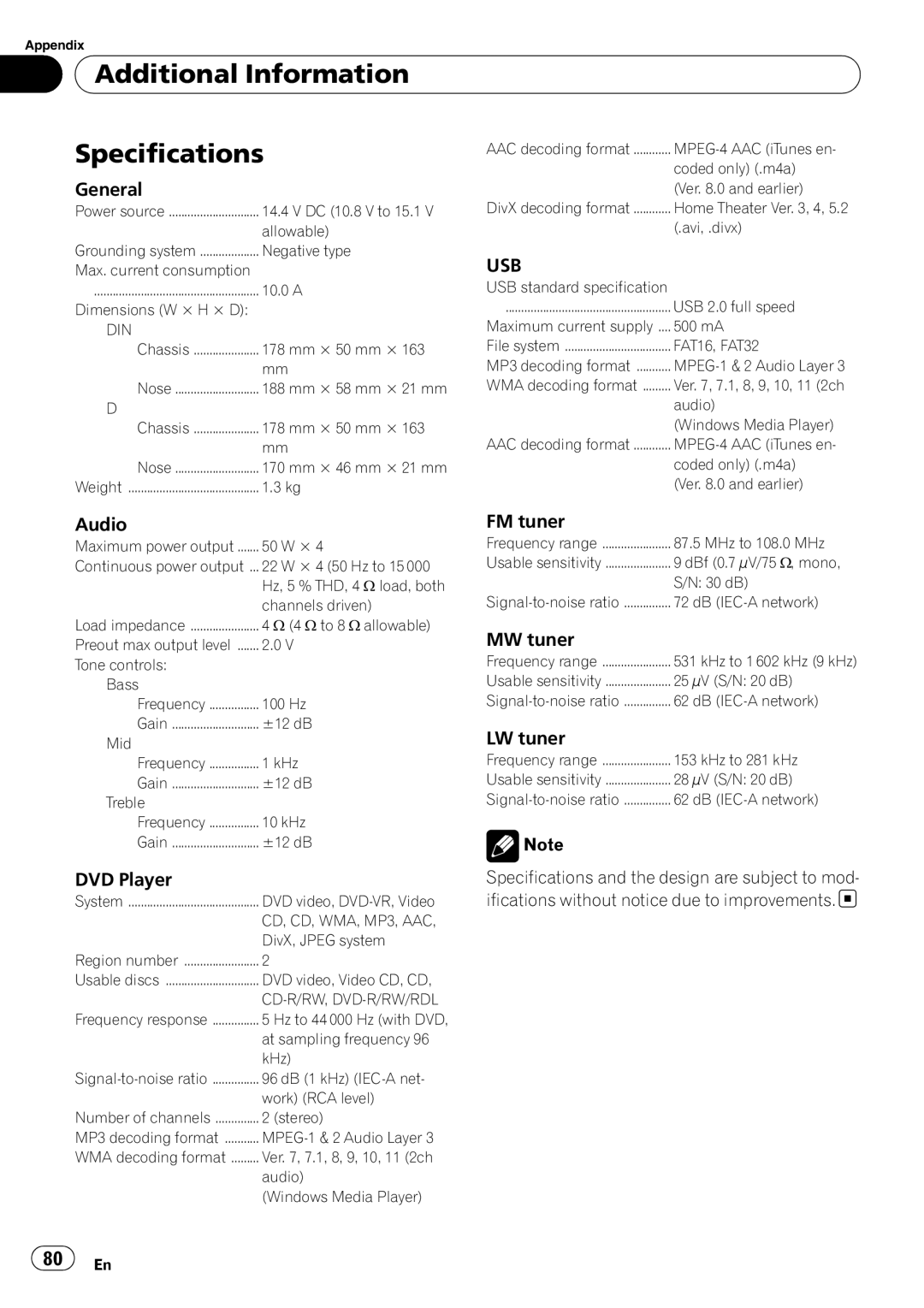 Pioneer DVH-P4100UB operation manual Additional Information Specifications, Usb 