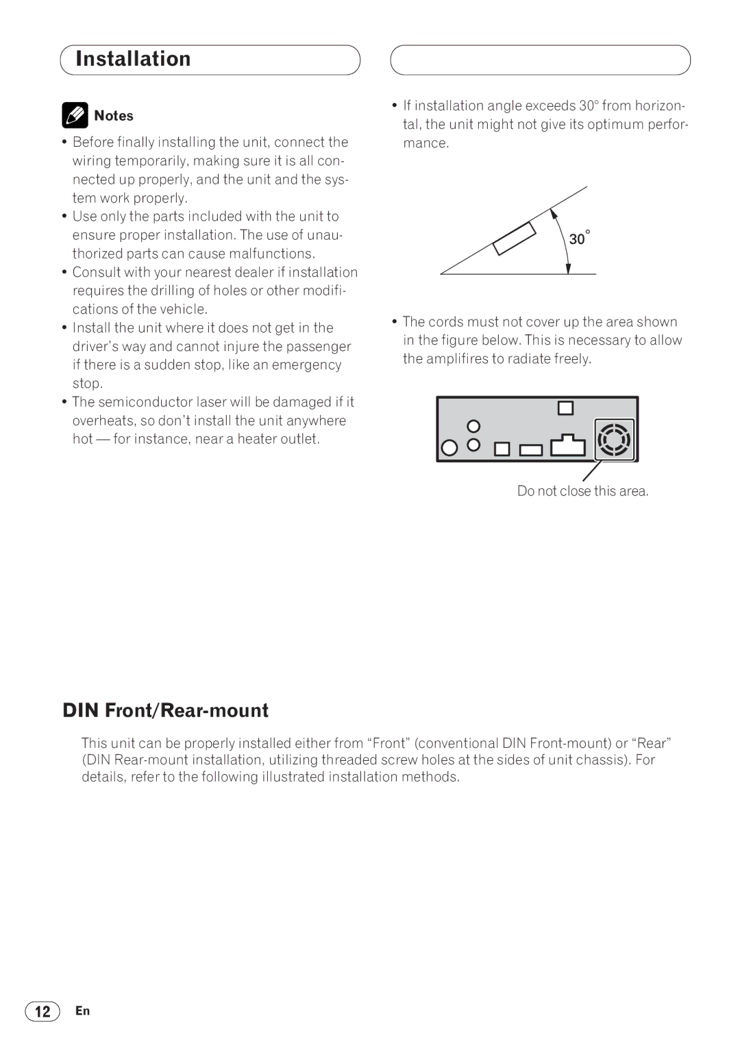 Pioneer DVH-P5050MP installation manual Installation, DIN Front/Rear-mount 