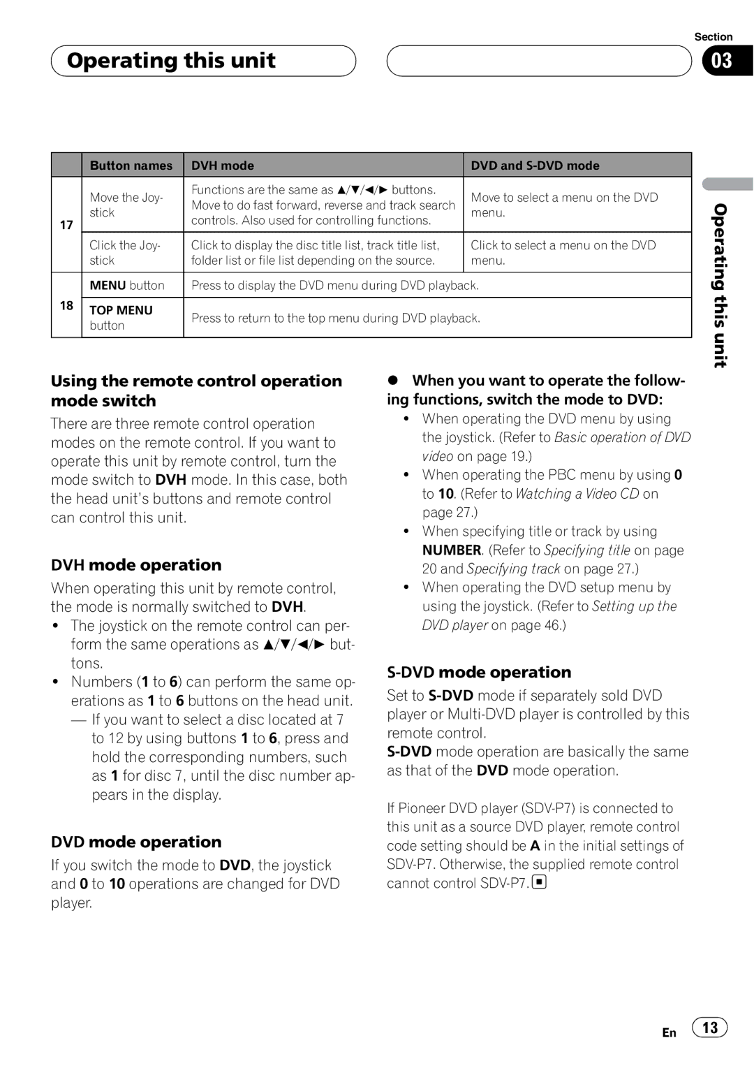 Pioneer DVH-P5900MP operation manual Using the remote control operation mode switch, DVH mode operation, DVD mode operation 