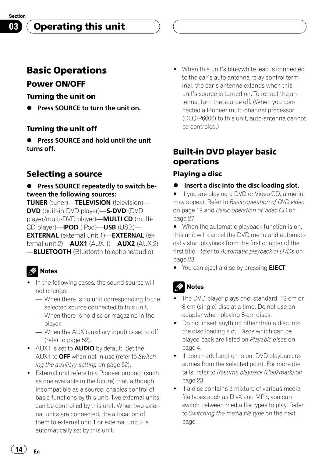 Pioneer DVH-P5900MP operation manual Operating this unit Basic Operations, Power ON/OFF, Selecting a source 