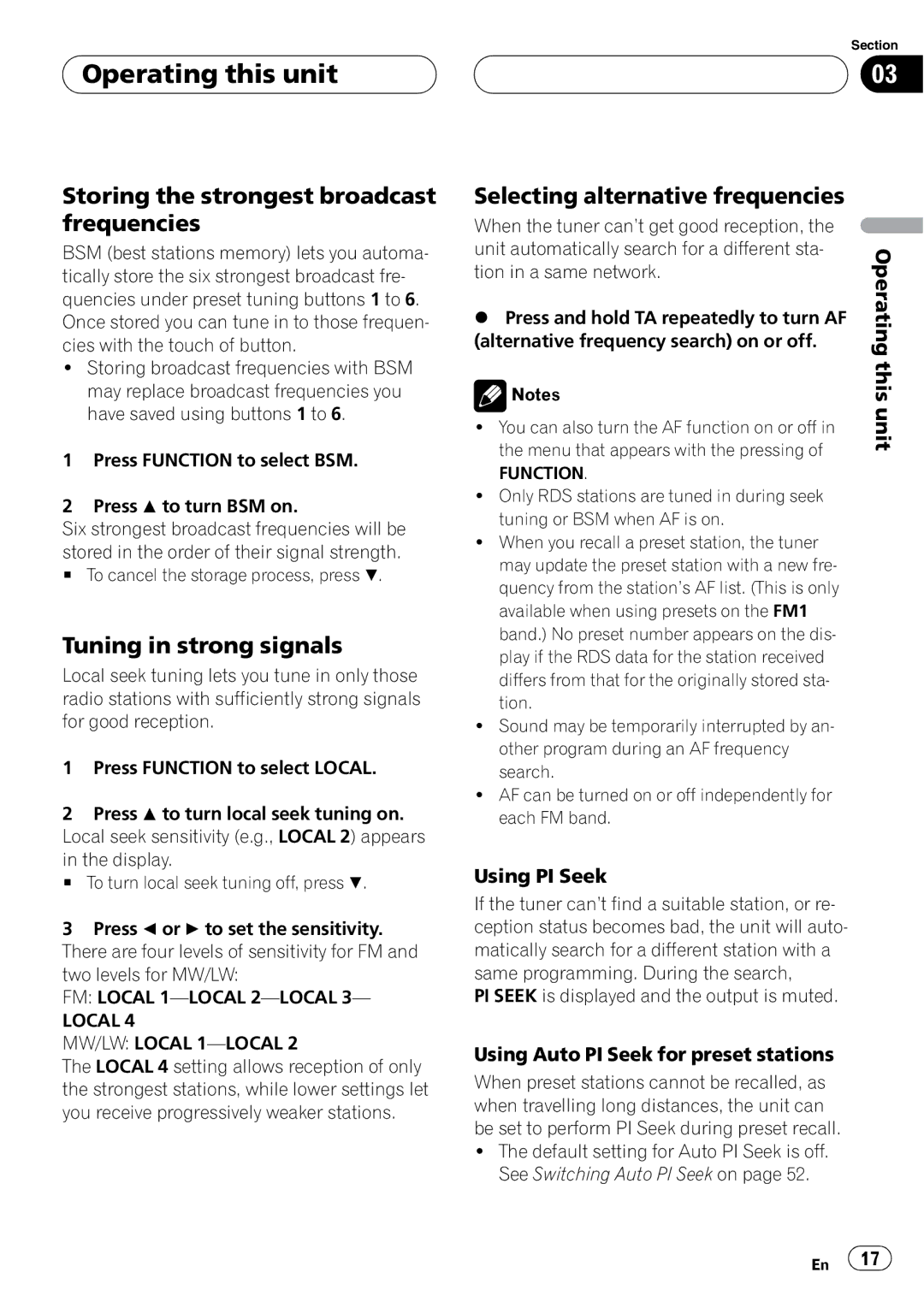 Pioneer DVH-P5900MP operation manual Storing the strongest broadcast frequencies, Tuning in strong signals, Using PI Seek 