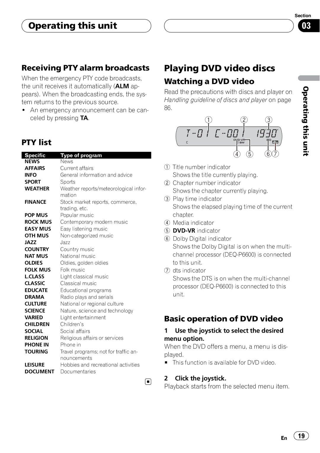 Pioneer DVH-P5900MP Playing DVD video discs, Receiving PTY alarm broadcasts, PTY list, Watching a DVD video 