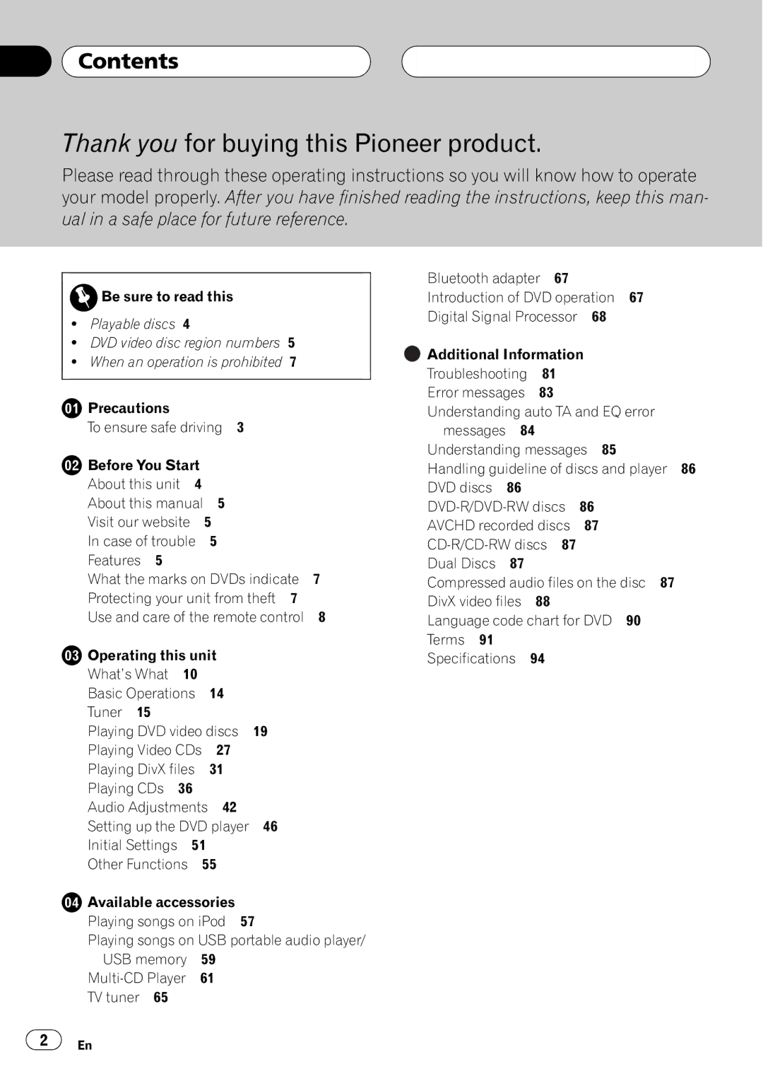 Pioneer DVH-P5900MP operation manual Contents, Initial Settings 