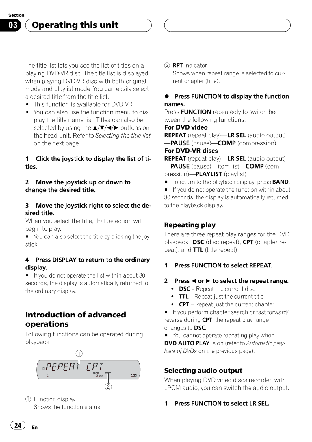 Pioneer DVH-P5900MP operation manual Repeating play, Selecting audio output 