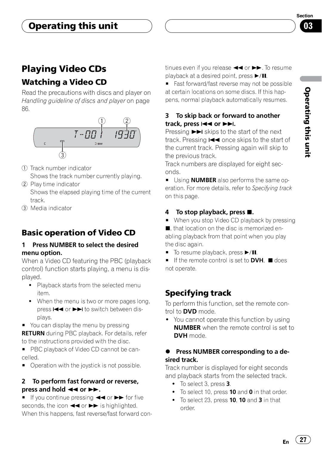 Pioneer DVH-P5900MP Operating this unit Playing Video CDs, Watching a Video CD, Basic operation of Video CD 