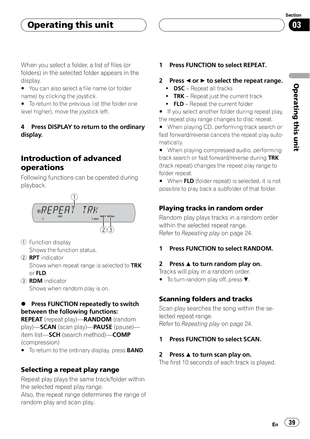 Pioneer DVH-P5900MP Selecting a repeat play range, Playing tracks in random order, Scanning folders and tracks 