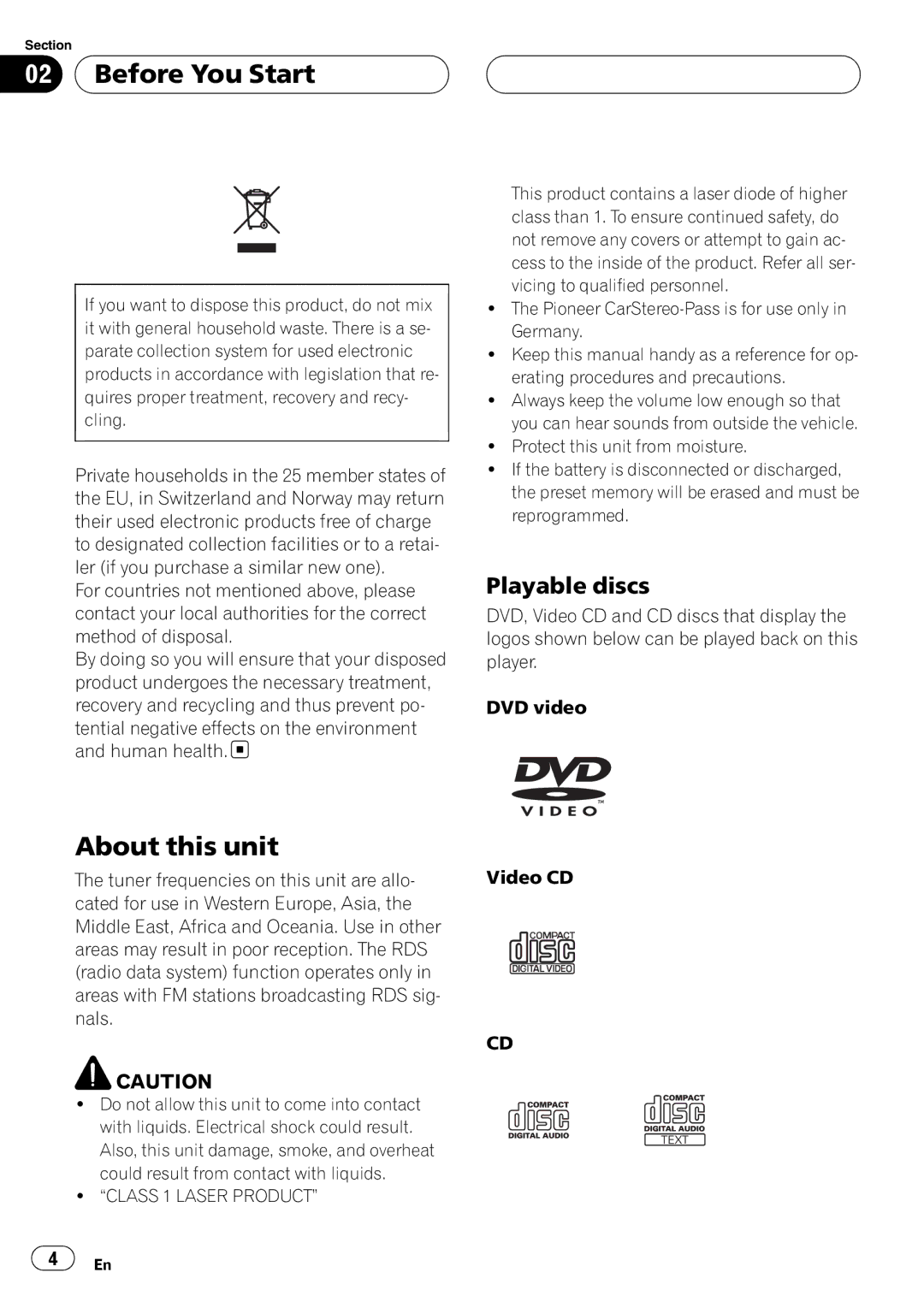 Pioneer DVH-P5900MP operation manual Before You Start, About this unit, Playable discs, Class 1 Laser Product, Video CD 