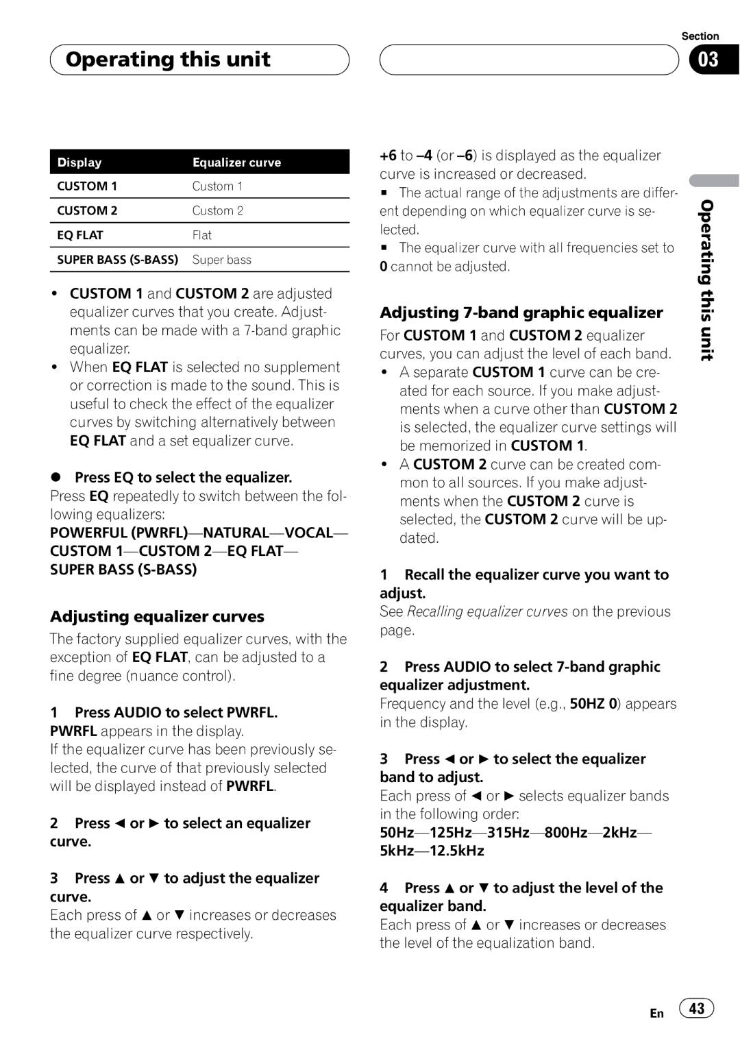 Pioneer DVH-P5900MP operation manual Adjusting equalizer curves, Adjusting 7-band graphic equalizer 