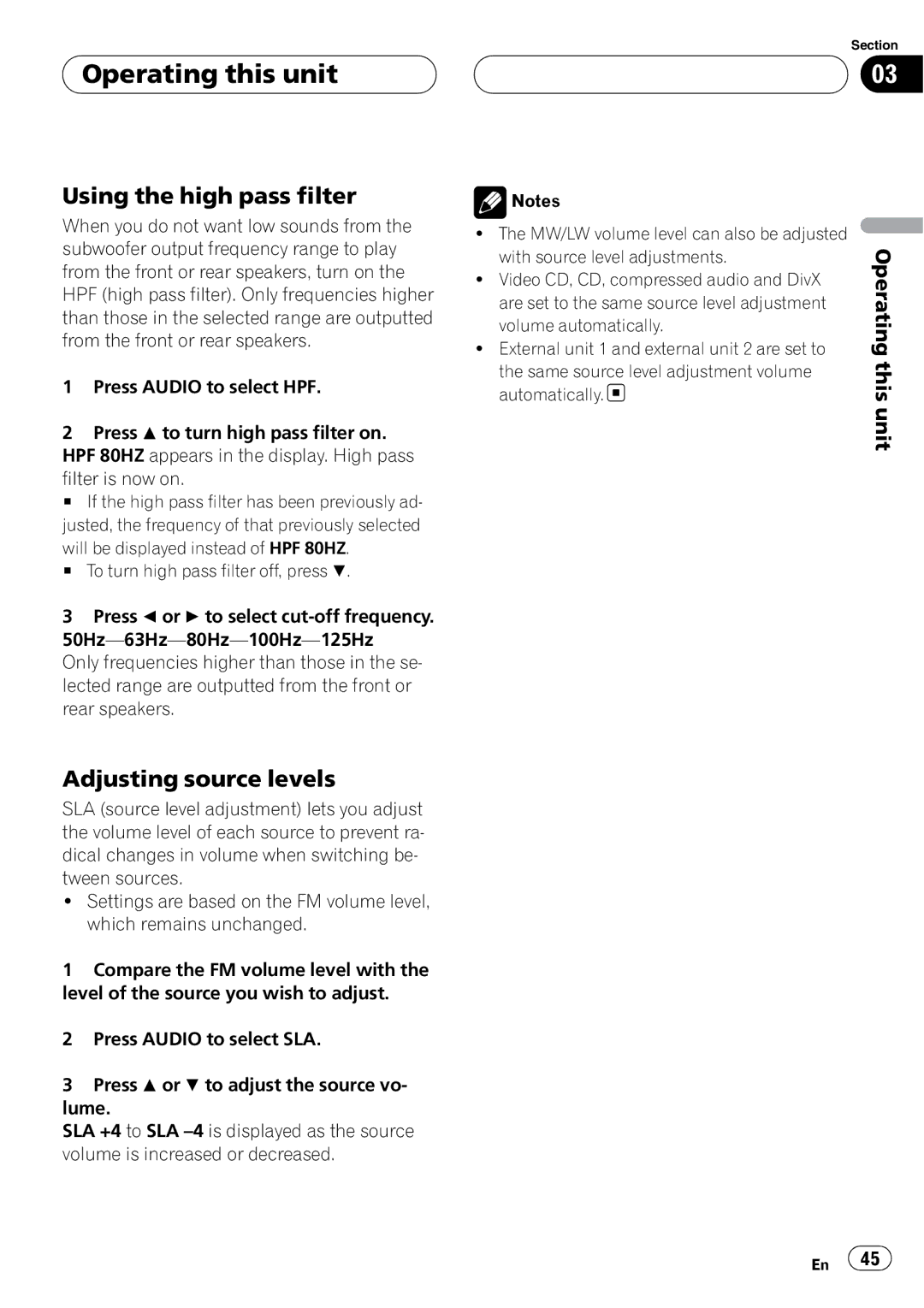 Pioneer DVH-P5900MP operation manual Using the high pass filter, Adjusting source levels 