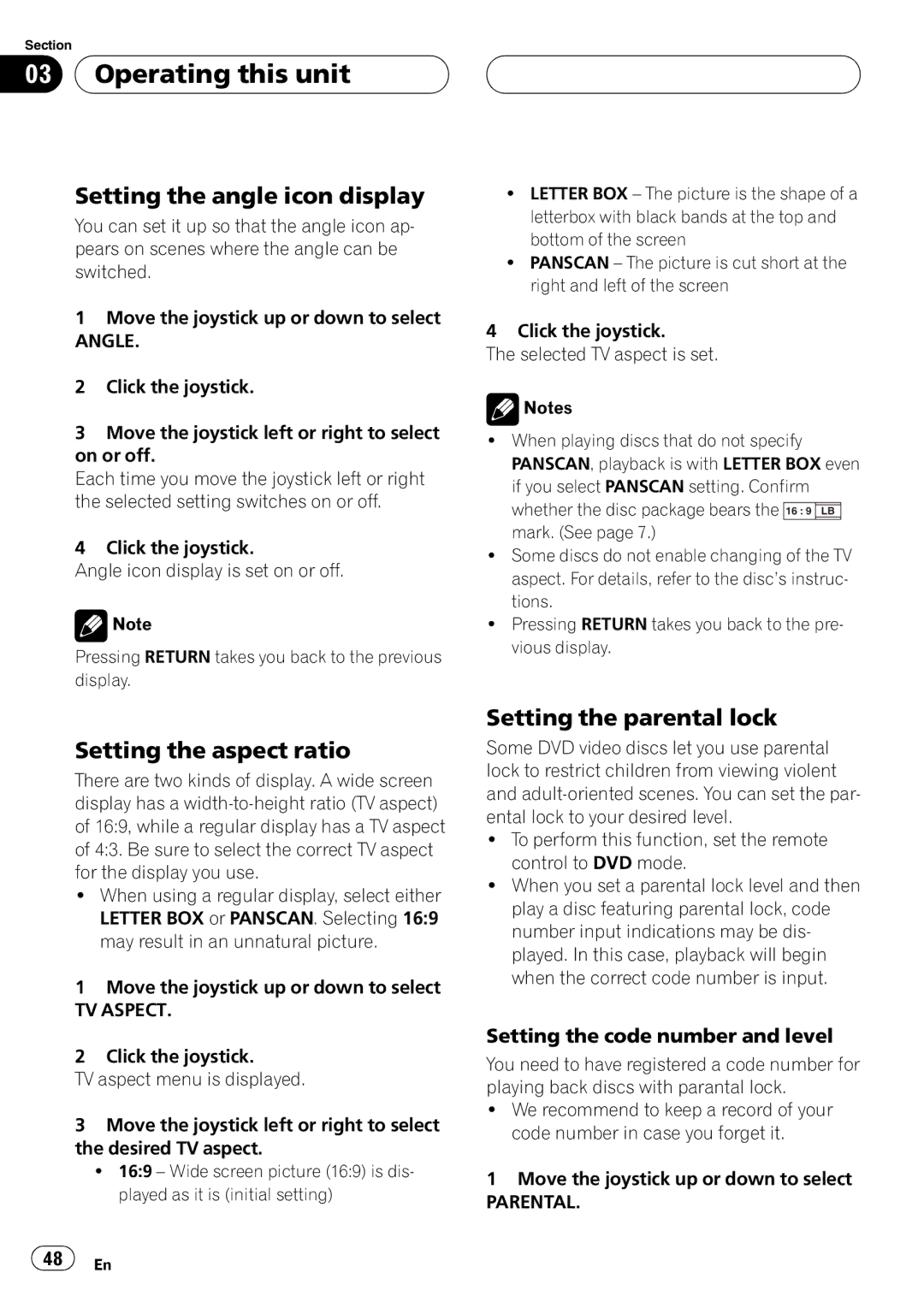 Pioneer DVH-P5900MP operation manual Setting the angle icon display, Setting the aspect ratio, Setting the parental lock 