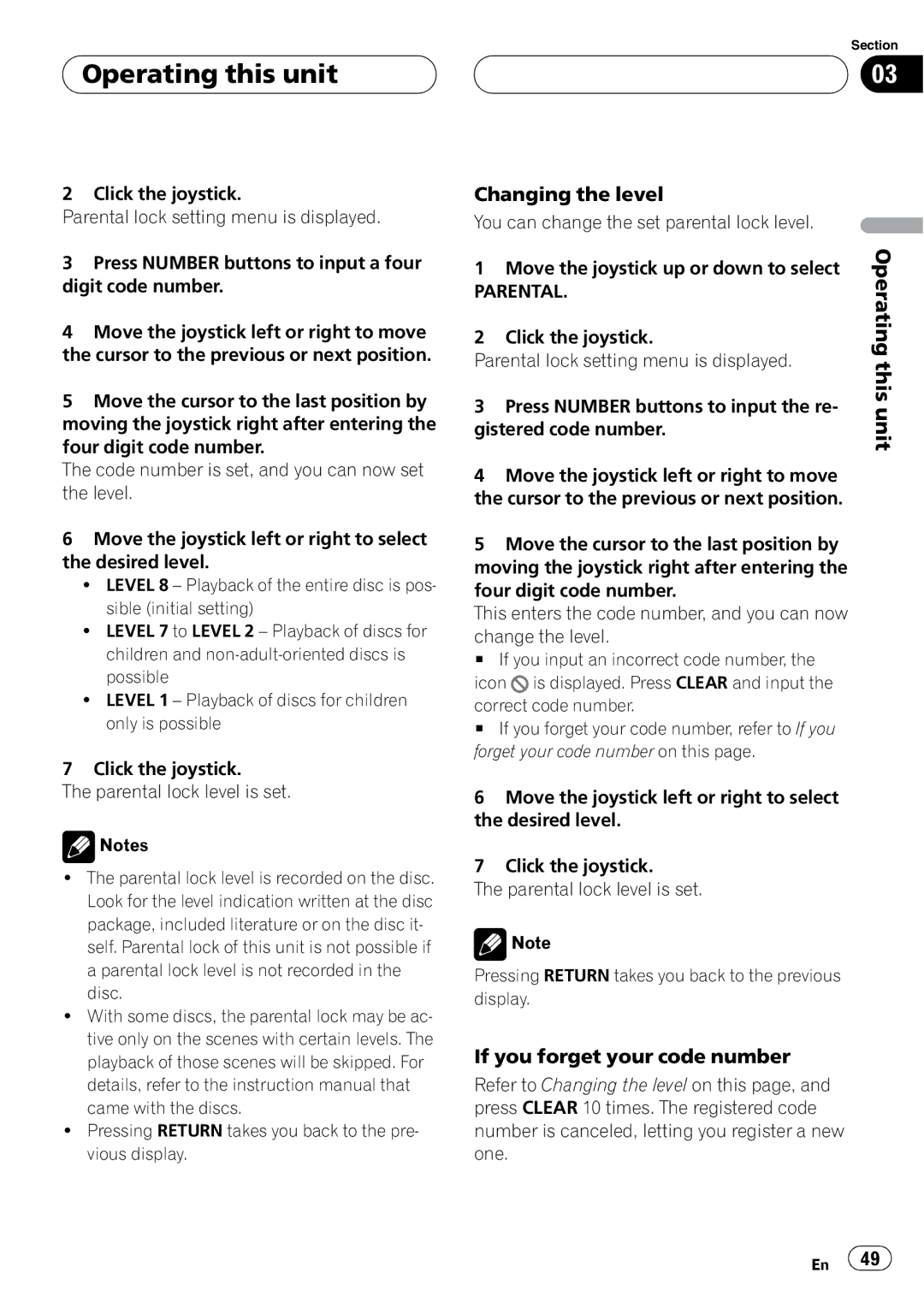 Pioneer DVH-P5900MP operation manual Changing the level, Unit, If you forget your code number 