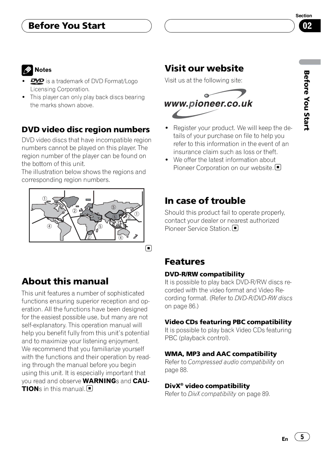 Pioneer DVH-P5900MP Visit our website, Case of trouble, About this manual Features, DVD video disc region numbers 