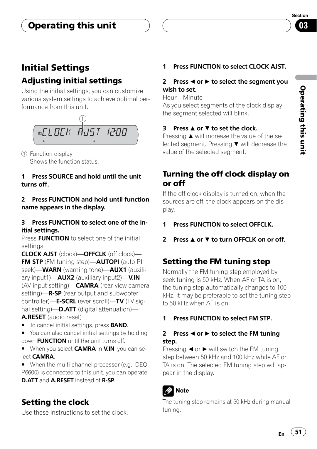 Pioneer DVH-P5900MP operation manual Operating this unit Initial Settings, Adjusting initial settings, Setting the clock 