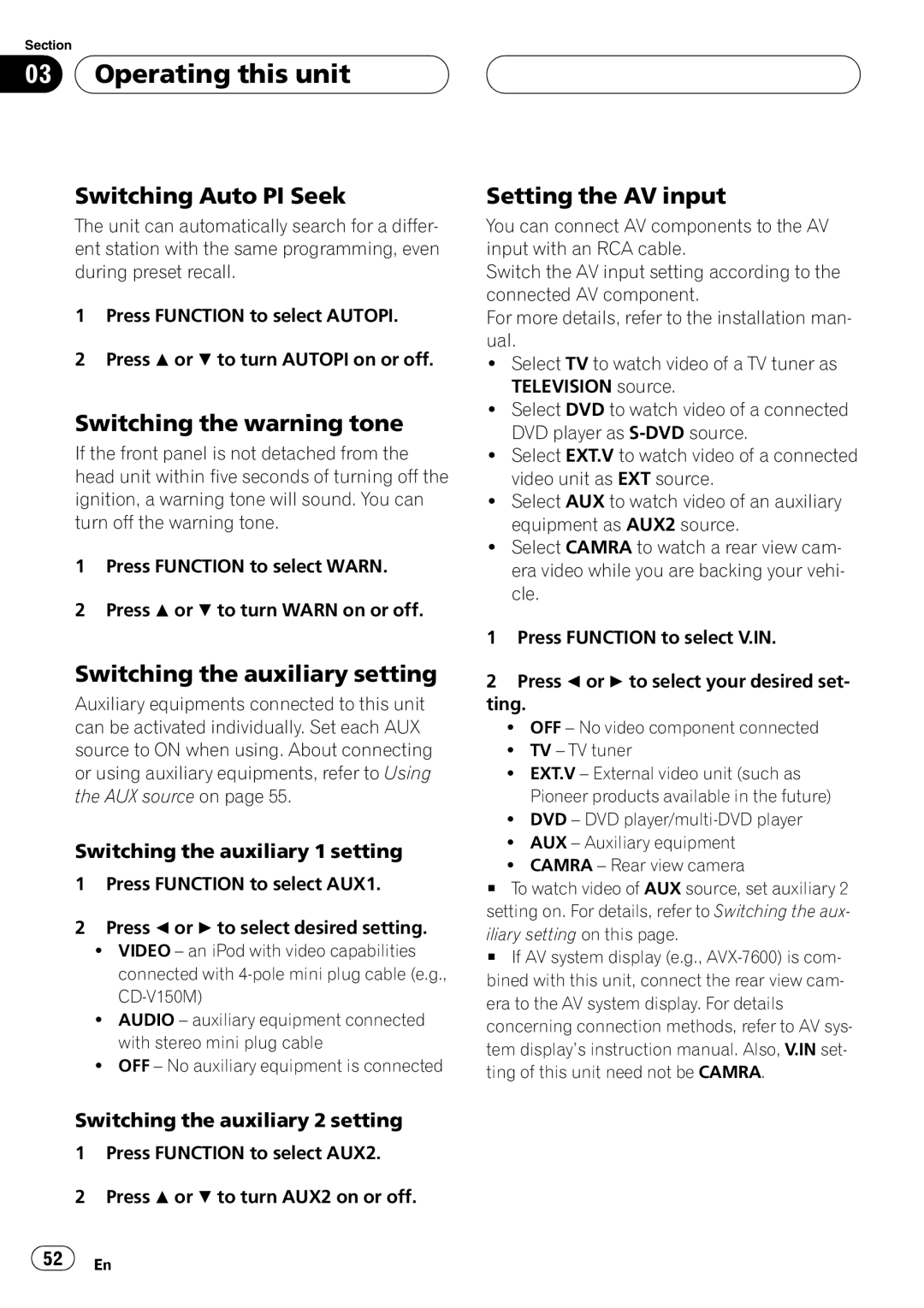 Pioneer DVH-P5900MP operation manual Switching Auto PI Seek, Switching the warning tone, Switching the auxiliary setting 