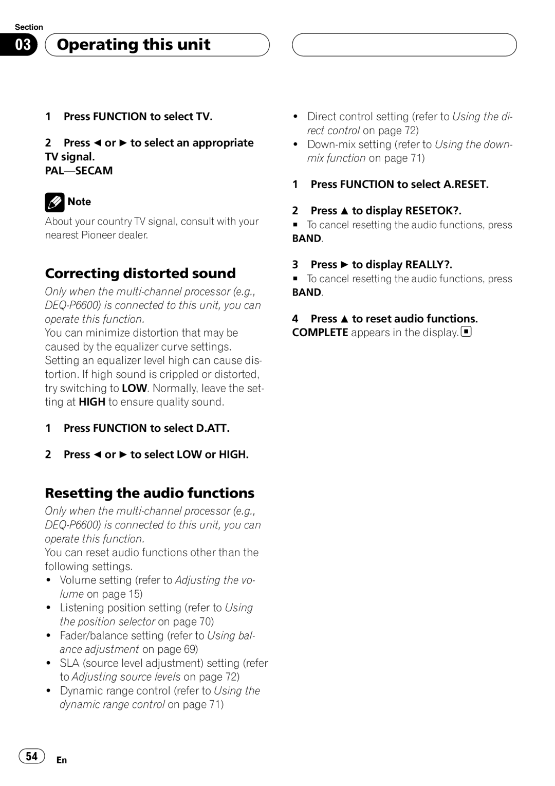 Pioneer DVH-P5900MP operation manual Correcting distorted sound, Resetting the audio functions, Pal-Secam 