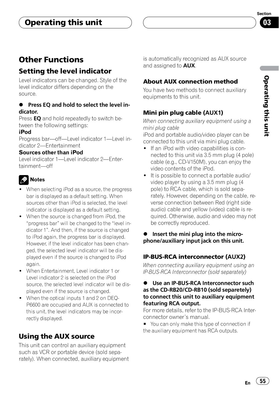 Pioneer DVH-P5900MP operation manual Operating this unit Other Functions, Setting the level indicator, Using the AUX source 