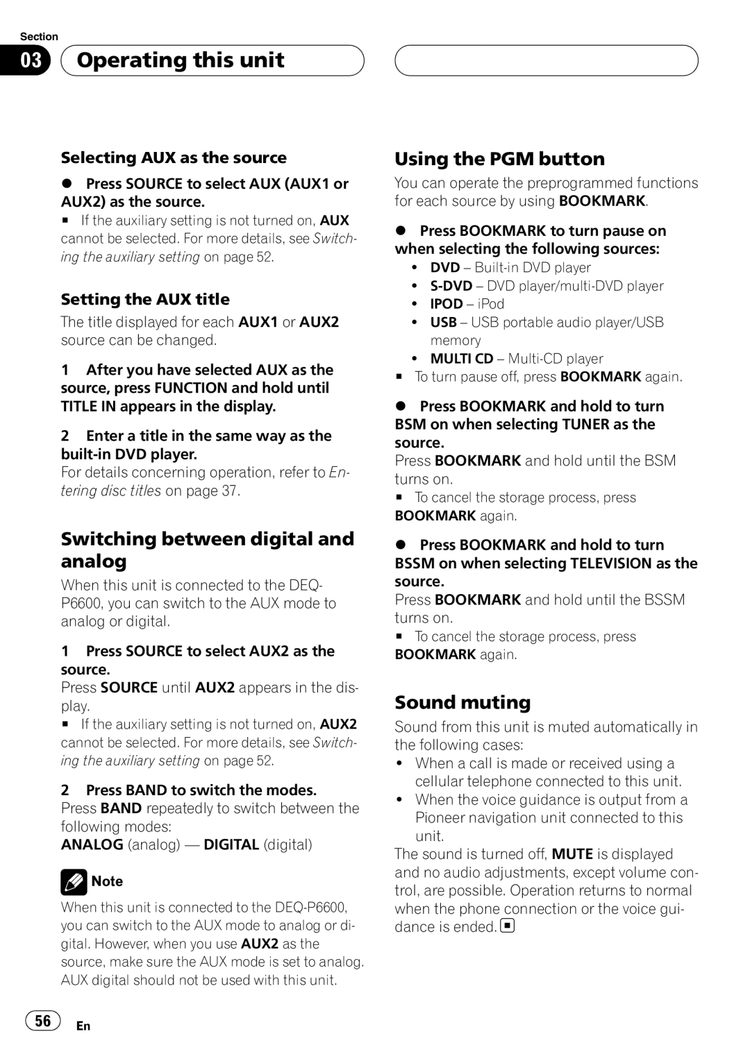 Pioneer DVH-P5900MP Switching between digital and analog, Using the PGM button, Sound muting, Selecting AUX as the source 