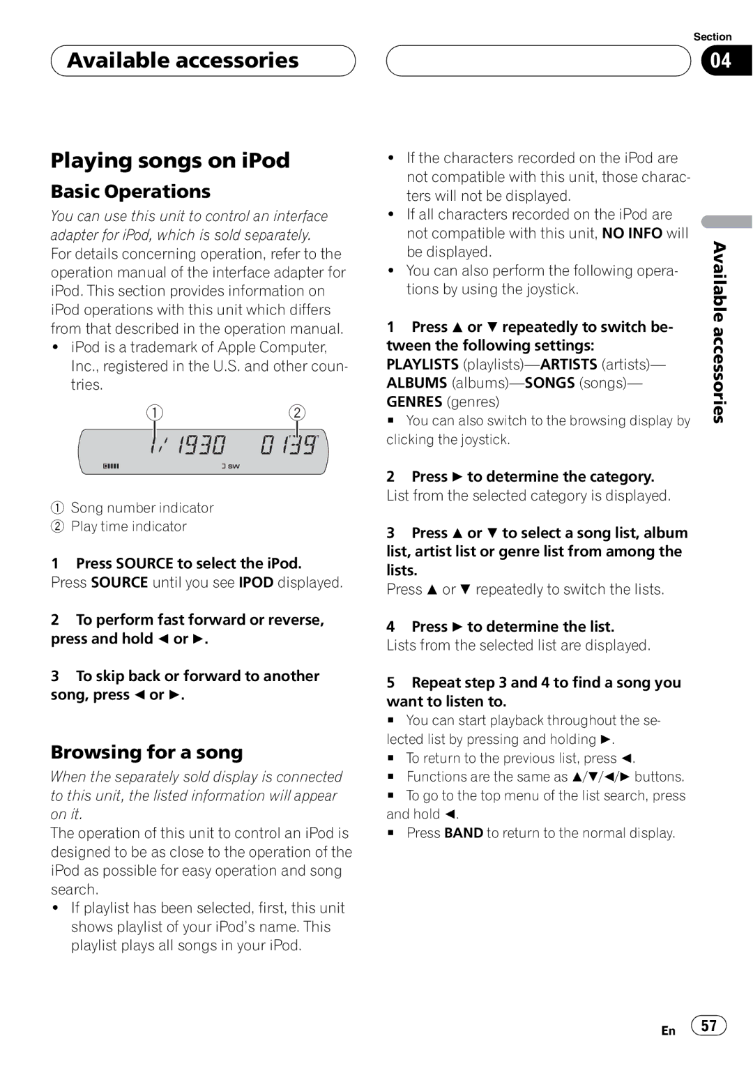 Pioneer DVH-P5900MP operation manual Available accessories Playing songs on iPod, Browsing for a song, Be displayed 