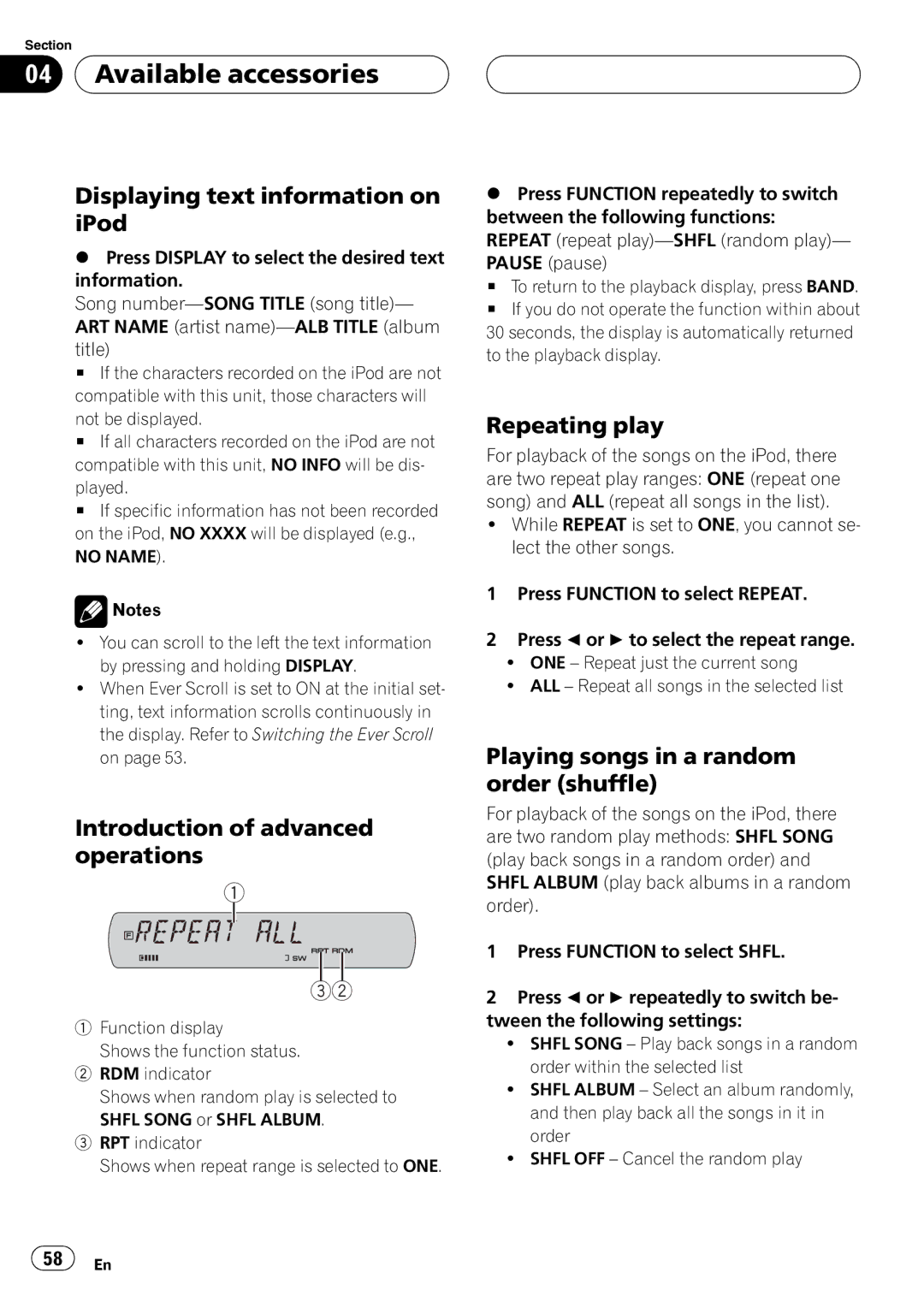 Pioneer DVH-P5900MP operation manual Available accessories, Displaying text information on iPod, Repeating play 