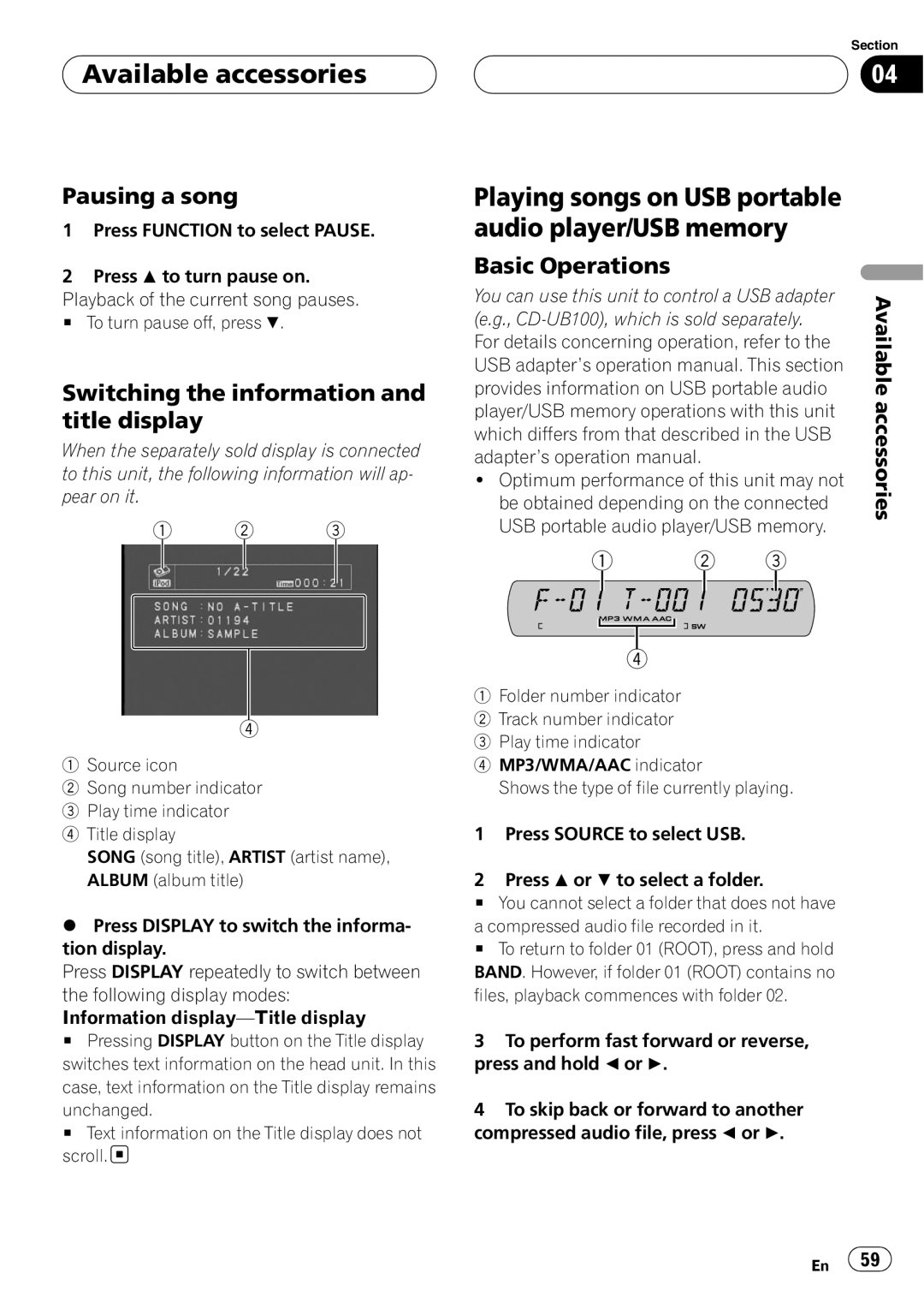 Pioneer DVH-P5900MP operation manual Playing songs on USB portable audio player/USB memory, Pausing a song 