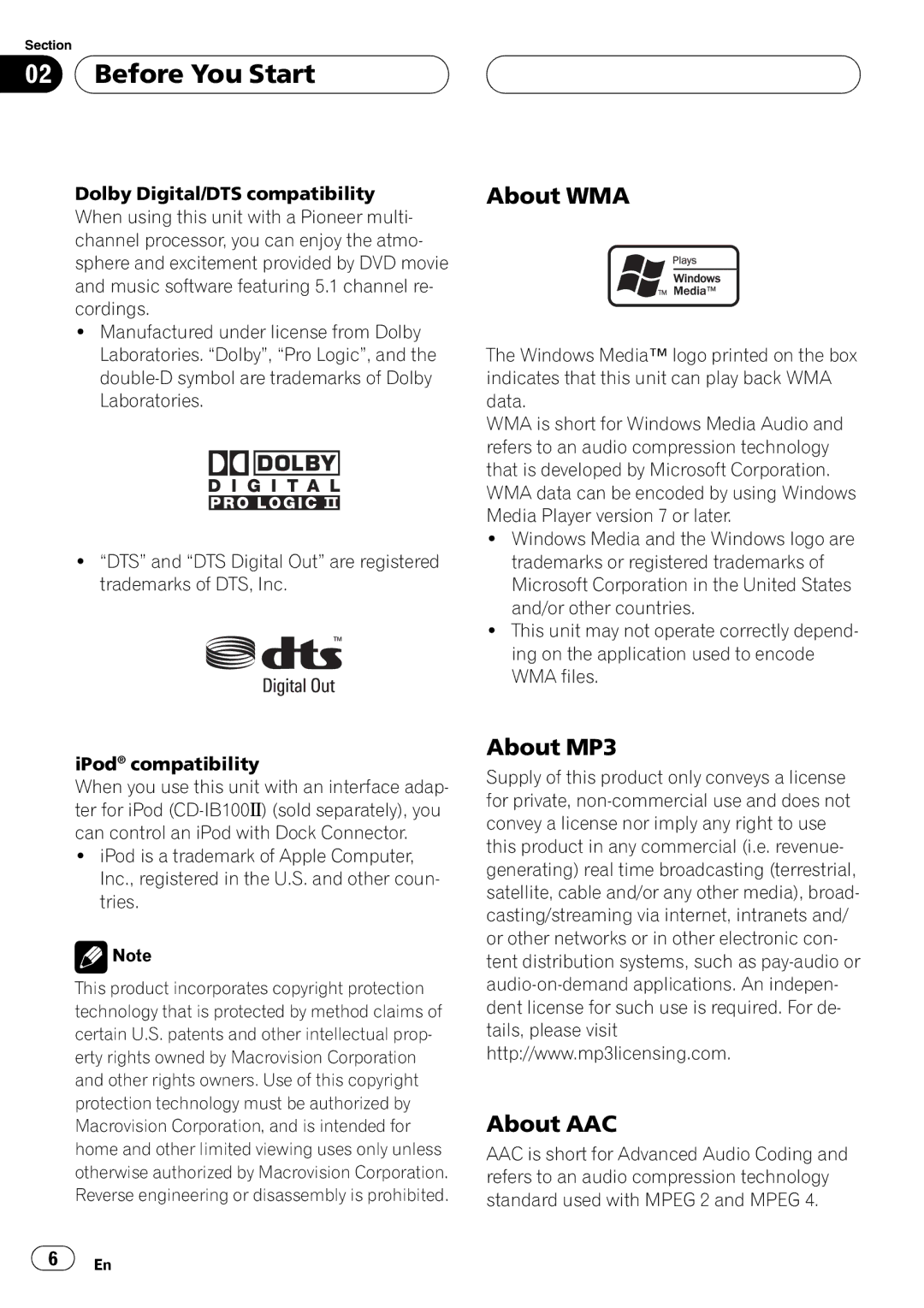 Pioneer DVH-P5900MP operation manual About WMA, About MP3 About AAC 