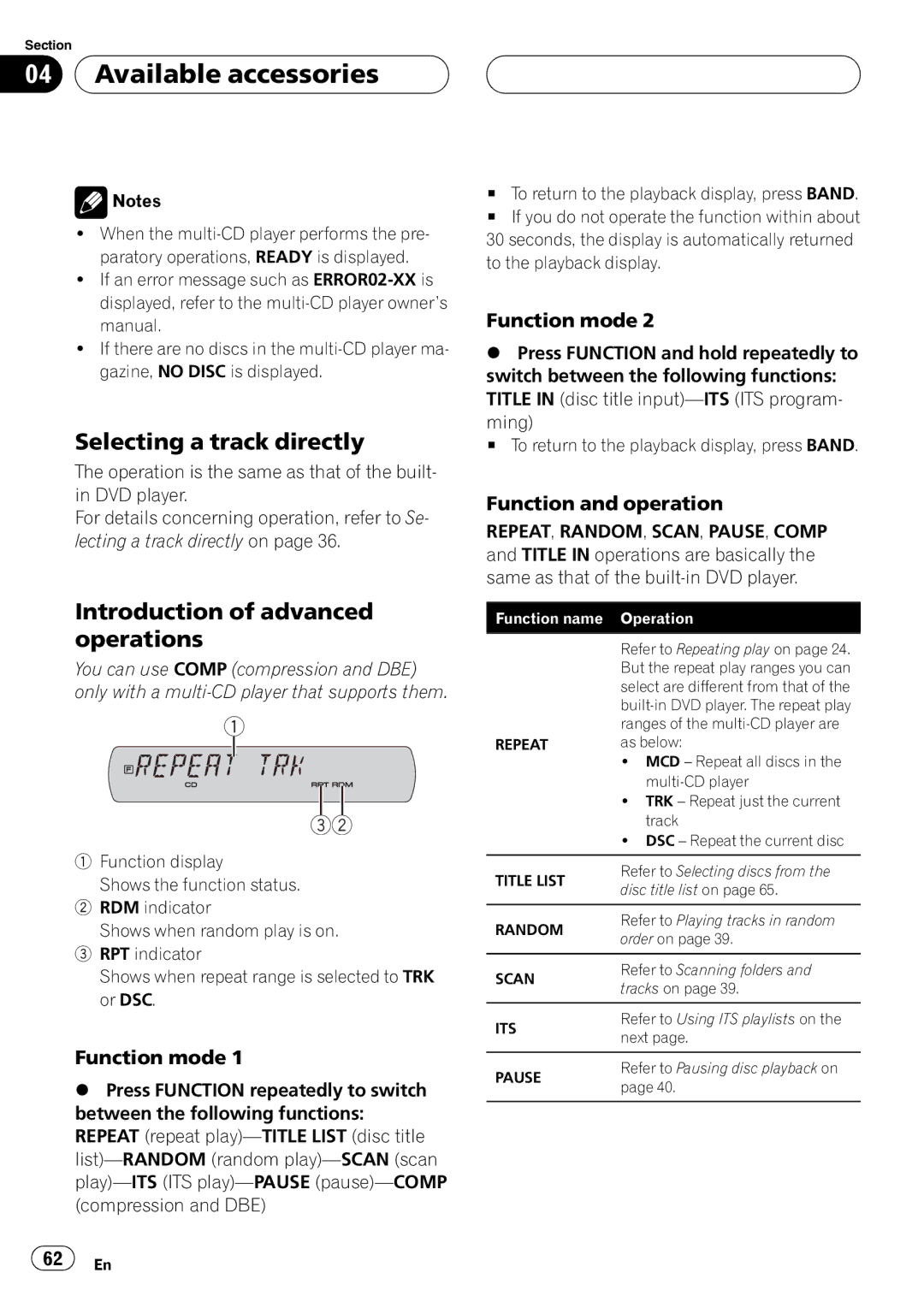 Pioneer DVH-P5900MP operation manual Function mode, Function name Operation 