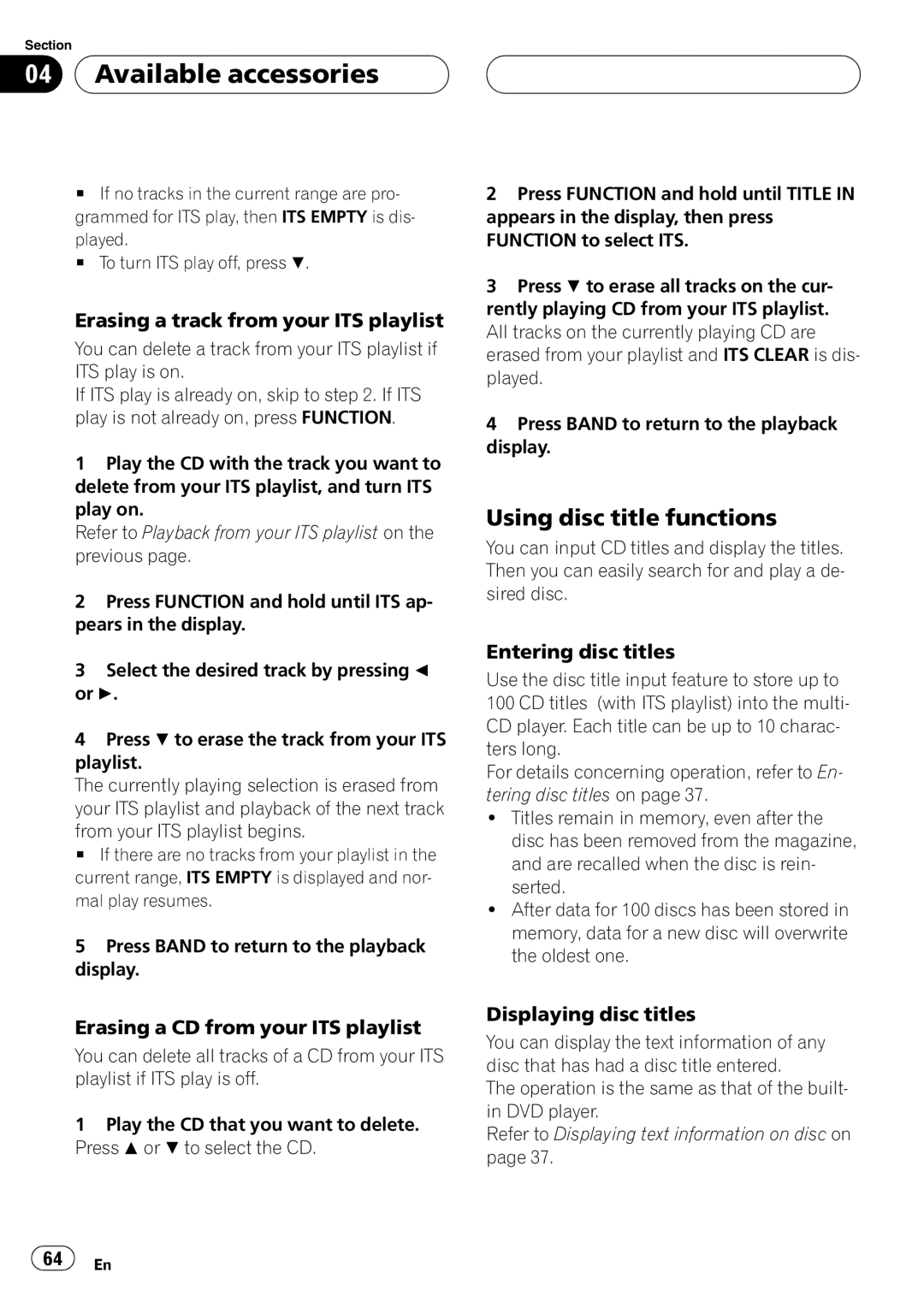 Pioneer DVH-P5900MP Erasing a track from your ITS playlist, Erasing a CD from your ITS playlist, Displaying disc titles 