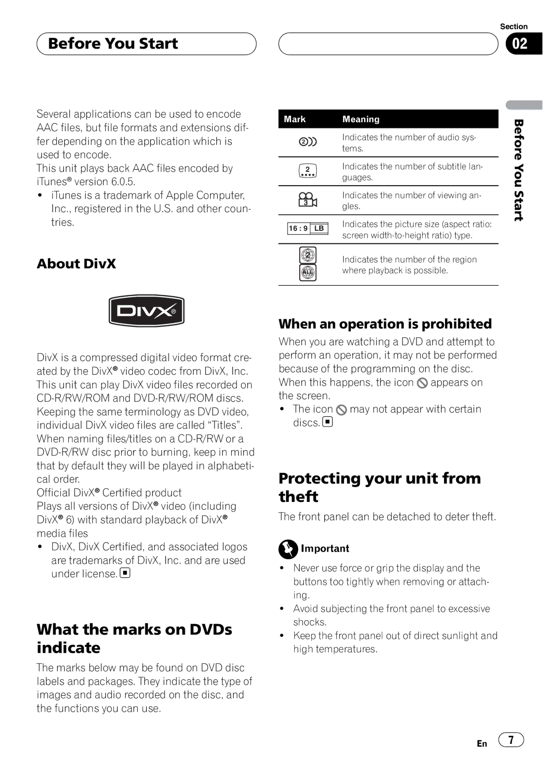 Pioneer DVH-P5900MP What the marks on DVDs indicate, Protecting your unit from theft, About DivX, You Start 