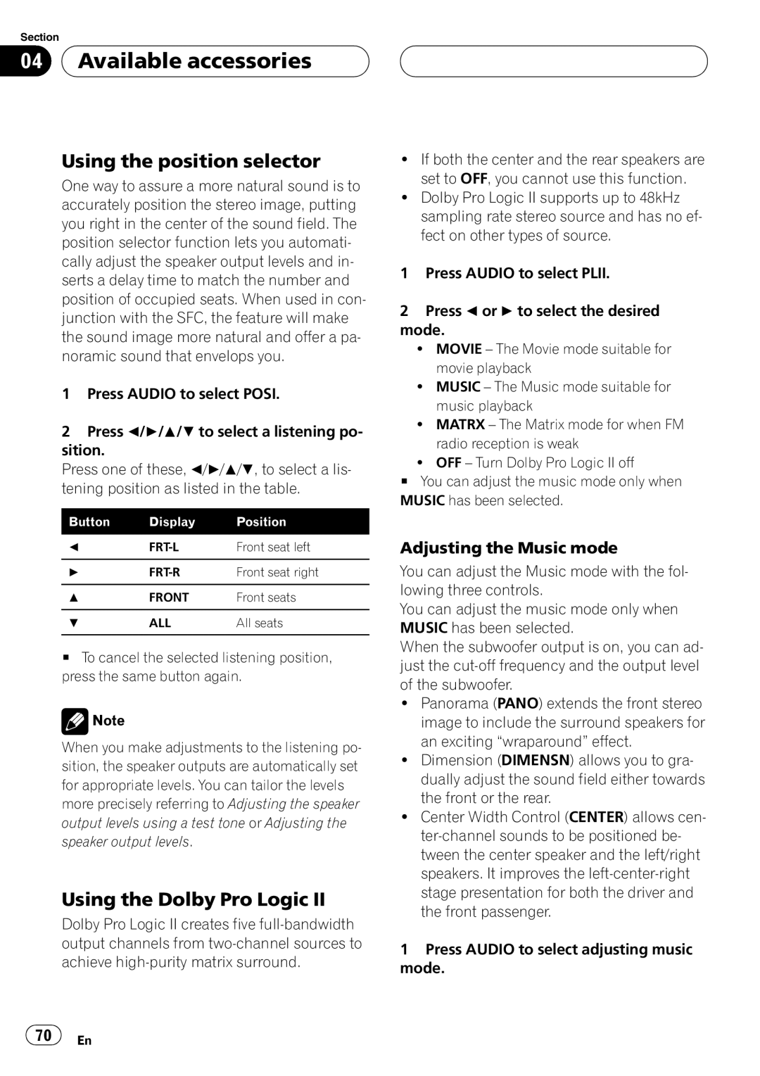 Pioneer DVH-P5900MP operation manual Using the position selector, Using the Dolby Pro Logic, Adjusting the Music mode 