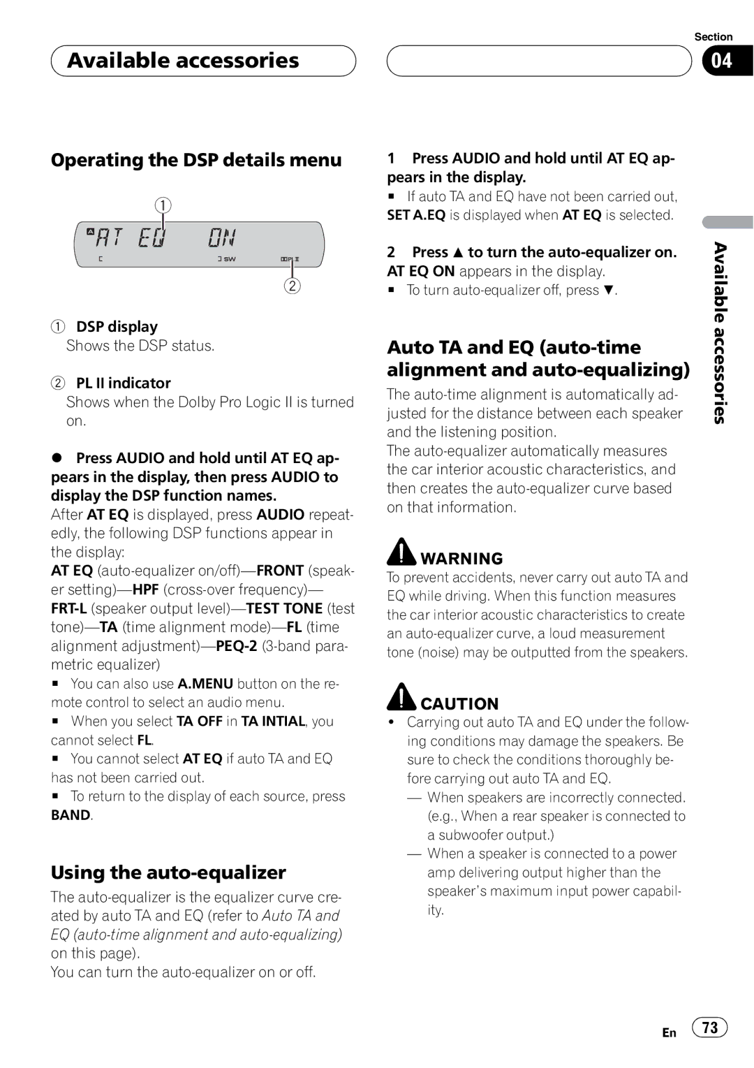 Pioneer DVH-P5900MP operation manual Operating the DSP details menu, Using the auto-equalizer, Auto TA and EQ auto-time 